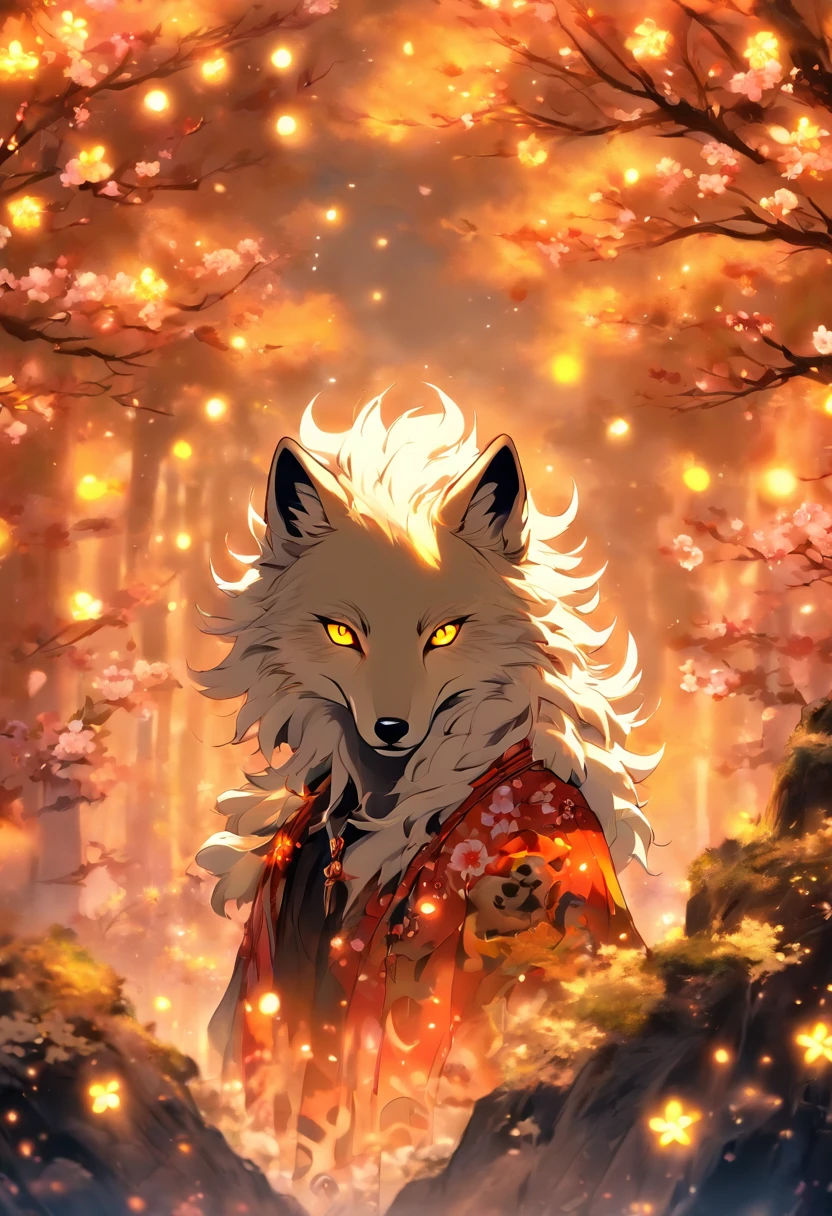 The most beautiful and enchanted wolf spirit, white hair, glowing yellow eyes, tons of tattoos and piercings, in the most beautiful enchanted forest, graffiti and kanji elements in the background, cherry blossoms blowing in the wind, highly detailed, perfect masterpiece, high quality, high resolution
