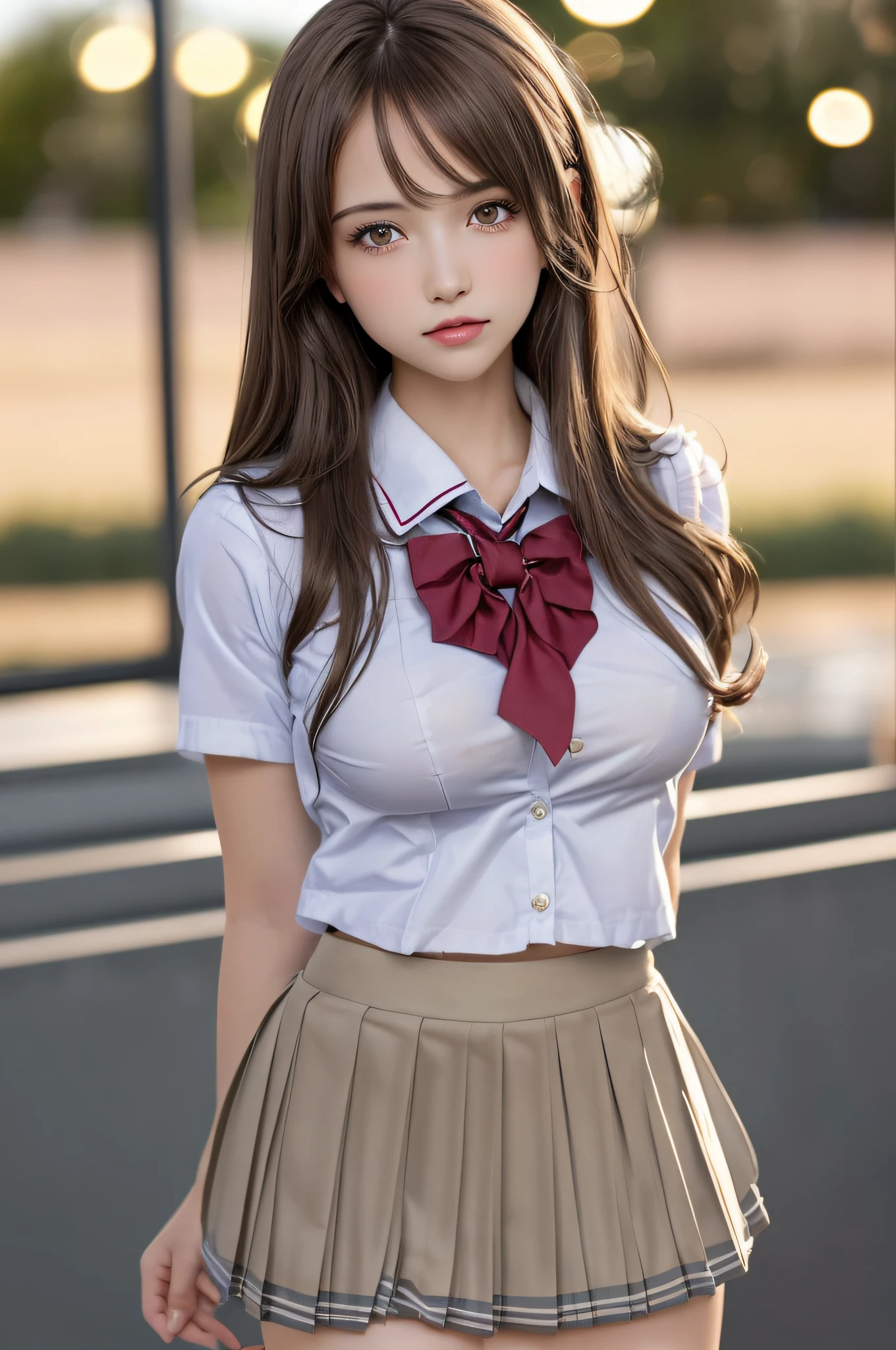 (2girls), Brown hair, Amazing face and eyes, Pink eyes, (High school uniform with wide open breasts:1.25), Beautiful big breasts, bared  chest, (amazingly beautiful girl), Brown hair, (High School Uniform, Pleated mini-skirt:1.5), ((Best Quality)), (Ultra-detailed), (extremely detailed CG unified 8k wallpaper), Highly detailed, High-definition raw color photos, Professional Photography, (((Bokeh))), depth of fields,