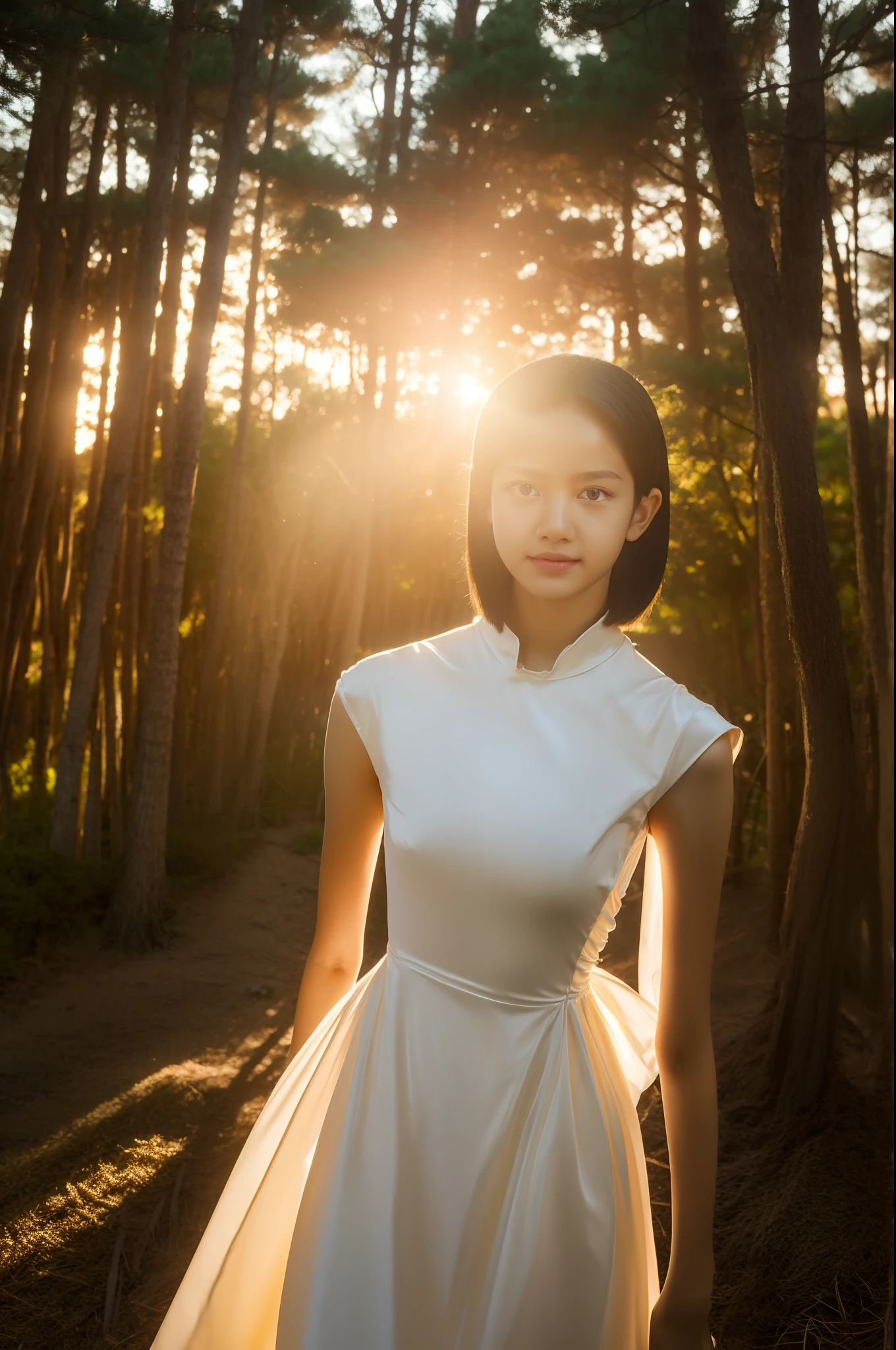 ((-teen girl)), badress, close-up photo, from thighs to face, photo from under the dress, very light skin, short hair, forest, wooden houses, sunset, photorealistic, indirect lighting, volumetric light, ray tracing, hyperdetailed