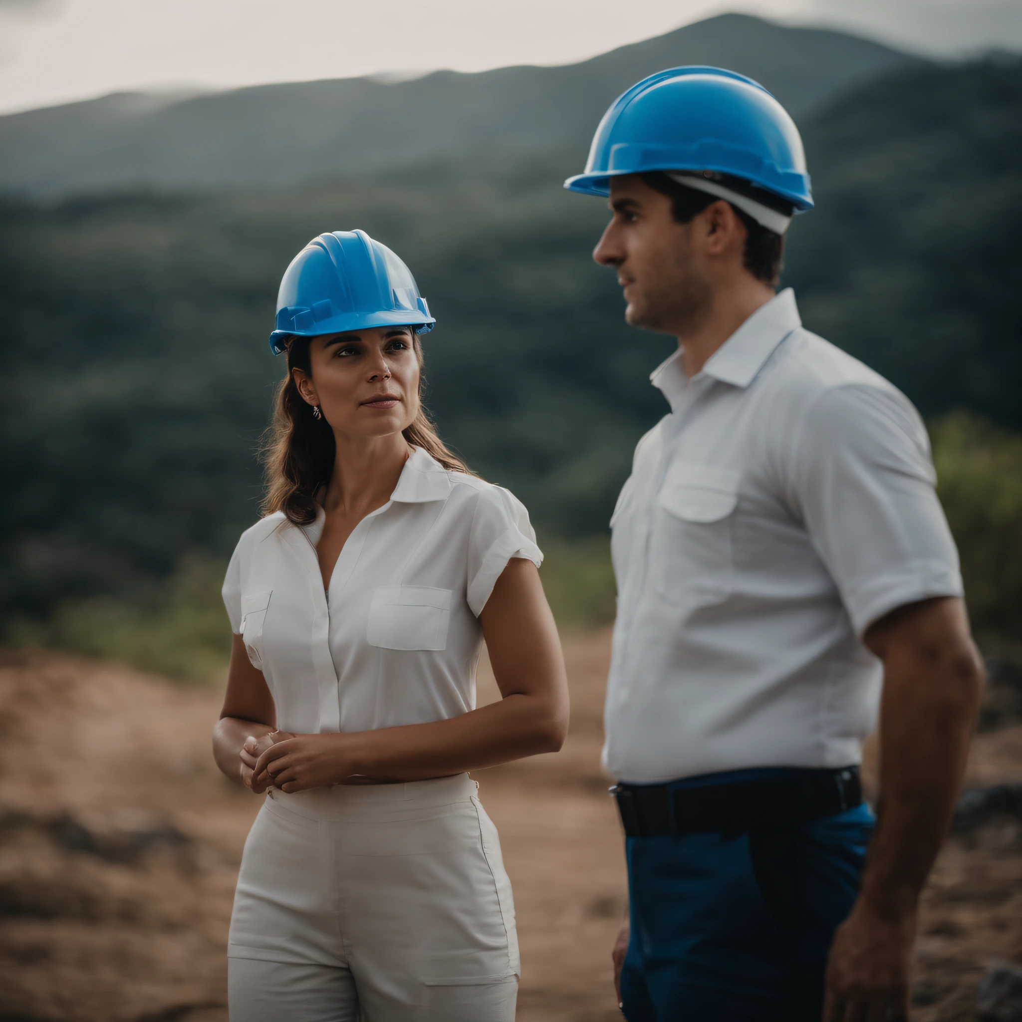 joana, Engineer wearing white protective helmet and blue shirt and John , brasilieros, olhando para o horizionte empoderados,