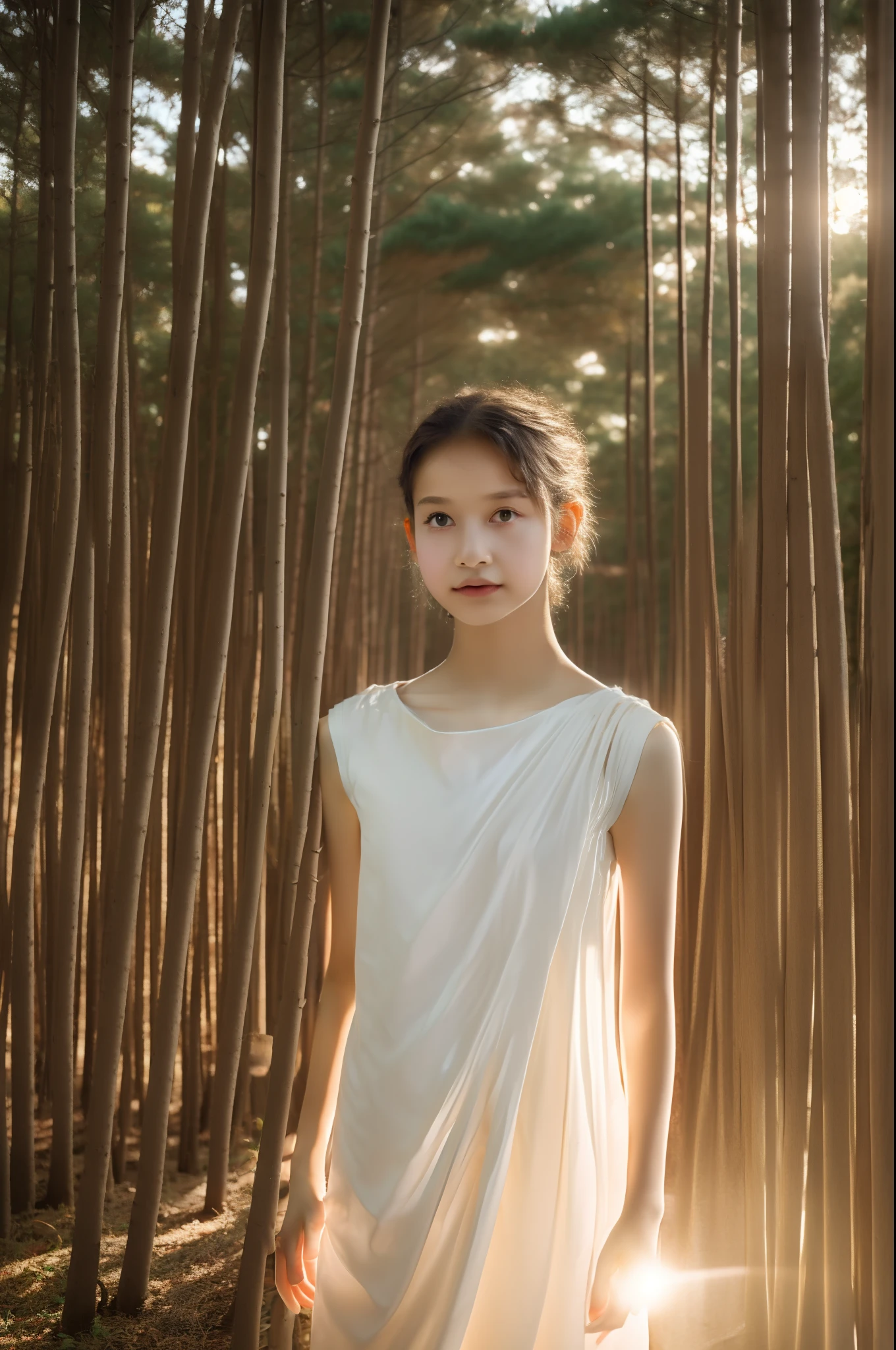 ((-teen girl)), badress, close-up photo, from thighs to face, photo from under the dress, very light skin, short hair, forest, wooden houses, sunset, photorealistic, indirect lighting, volumetric light, ray tracing, hyperdetailed