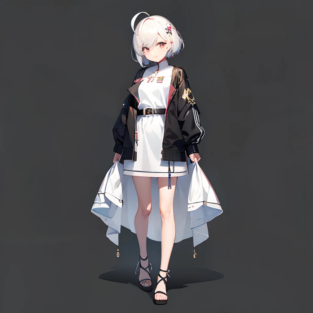 超A high resolution, Best aesthetic, Top quality depiction of the foot, Put on a jacket, Flat Avatar, Anime visuals of cute girls, Cute art style, Chibi, White hair、Shorthair, Ahoge, is shy, A smile, hair adornments,drawing on paper, simple background, 耳环, jewely, side locks, large oval eyes,