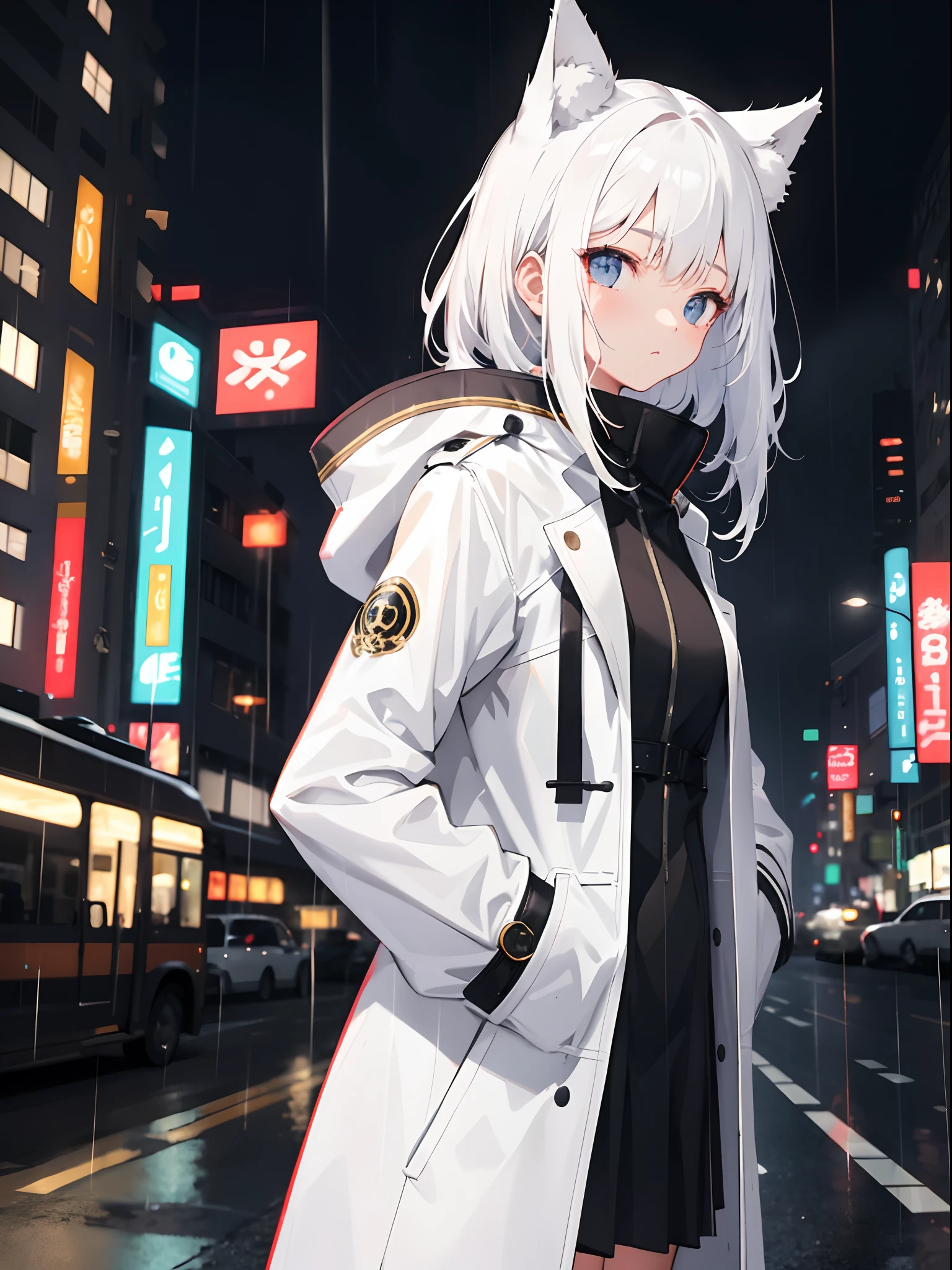 1 girl, White hair, cat ears, coat, rain, night city, hands in pocket,