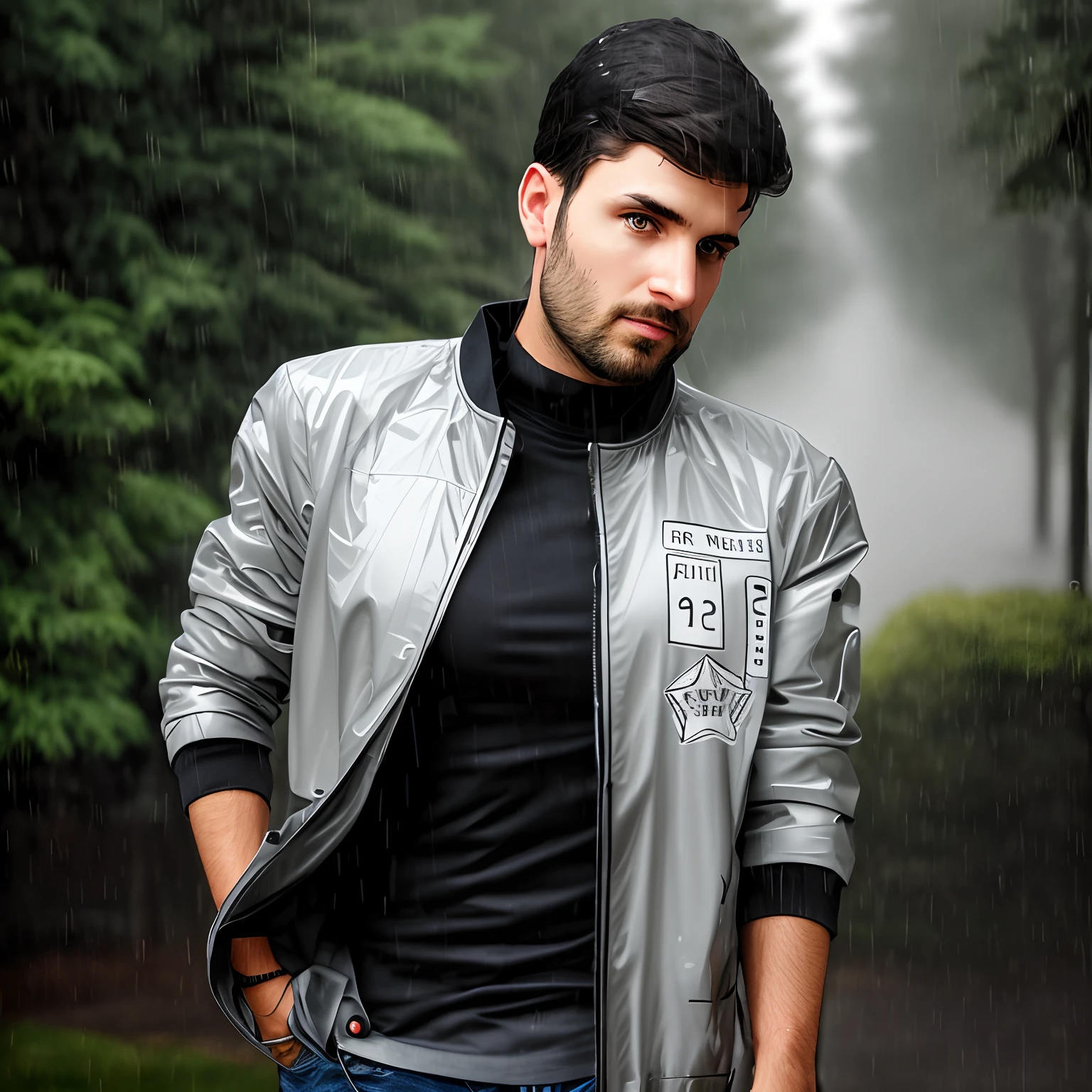 Remove background add rainy back ground and trees make the person wet don't make any changes to the face
