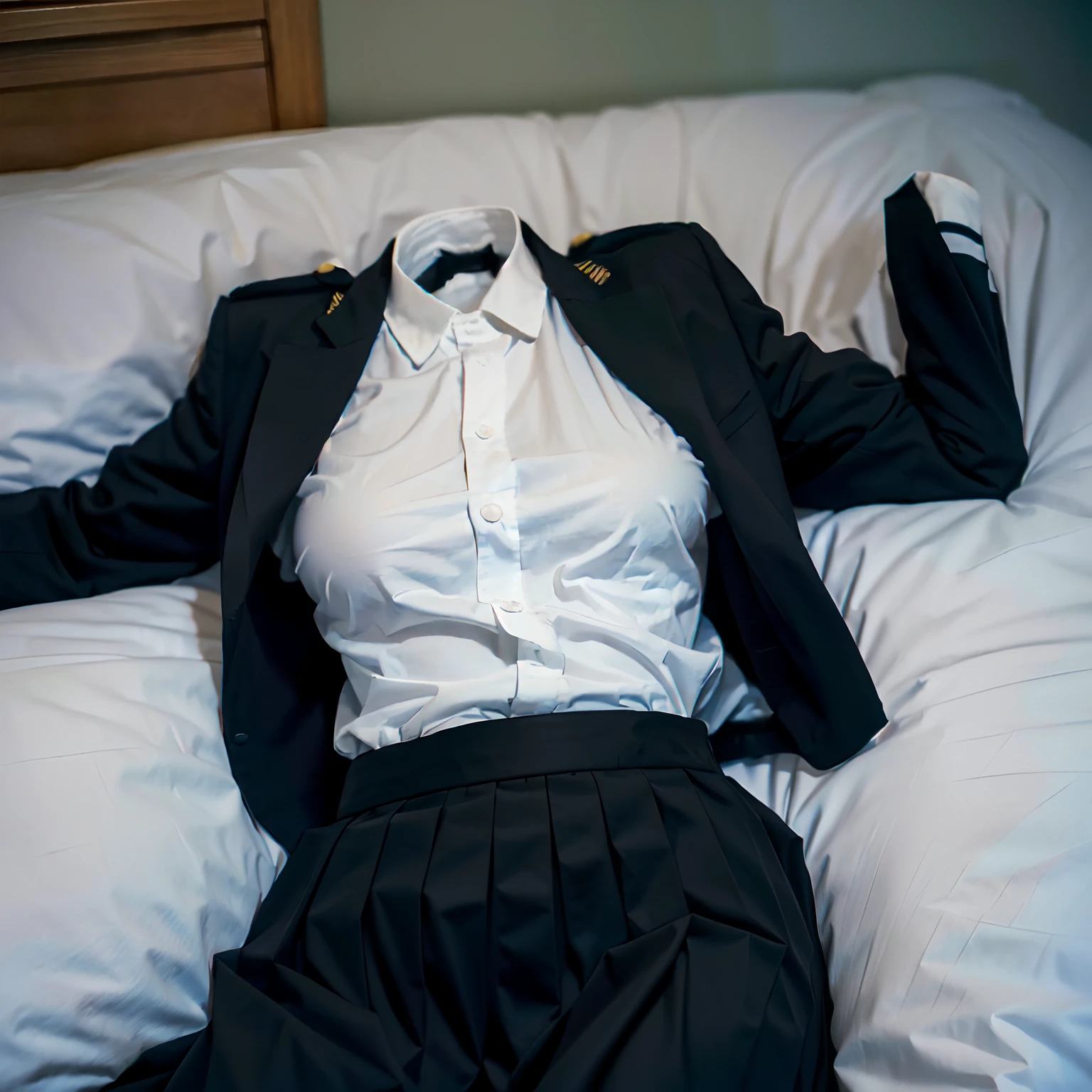 school uniform on bed,((invisible, no humans:1.5, headless:1.5, handless, legless)), (big breast), (close-up to breast), (sleeping on back),
(8k, RAW photo, best quality, masterpiece:1.2), (realistic, photo-realistic:1.37),photon mapping, radiosity, ((Hasselblad photography)),physically-based rendering,