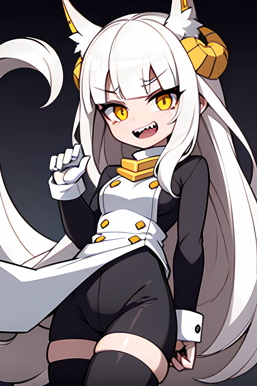 1girl, ram horns, white fluffy hair, hair covering eyes, yellow eyes, sharp teeth, short fluffy tail, tight black bodysuit, white short jacket