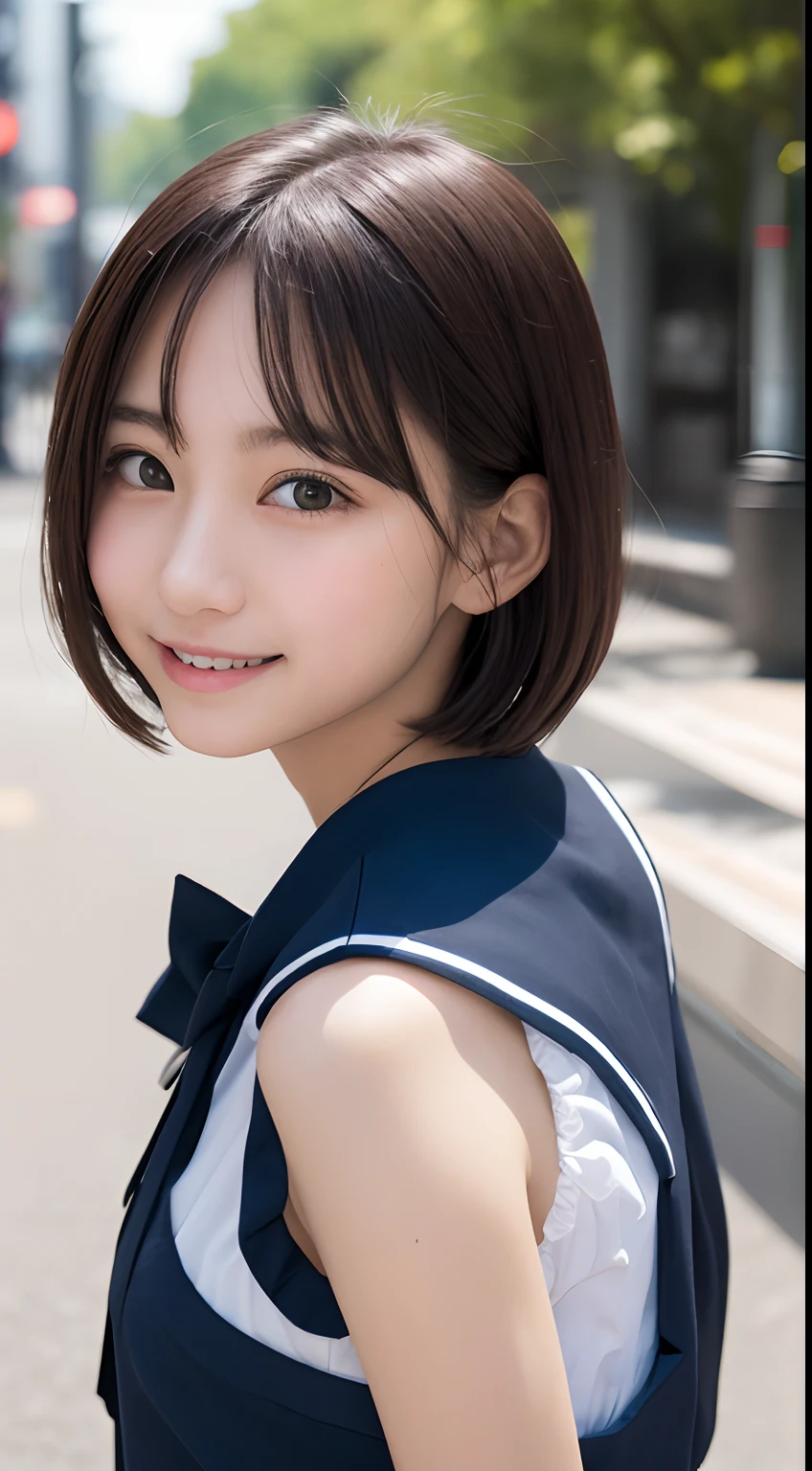 masutepiece, Best Quality, 8K, , Teen, Raw ph absurderes, award winning portrait, Smile,closes mouth, Solo, Night, neons, Idol face, violaceaess, gardeniass, Delicate girl, Upper body, Digital SLR, Looking at Viewer, Candid, Sophisticated, Thin arms, Professional Lighting, Film grain, chromatic abberation, (Eyes and faces with detailed:1.0), (Bokeh:1.1) , gigantic breasts, Sailor Uniform , Short hair , Long hair