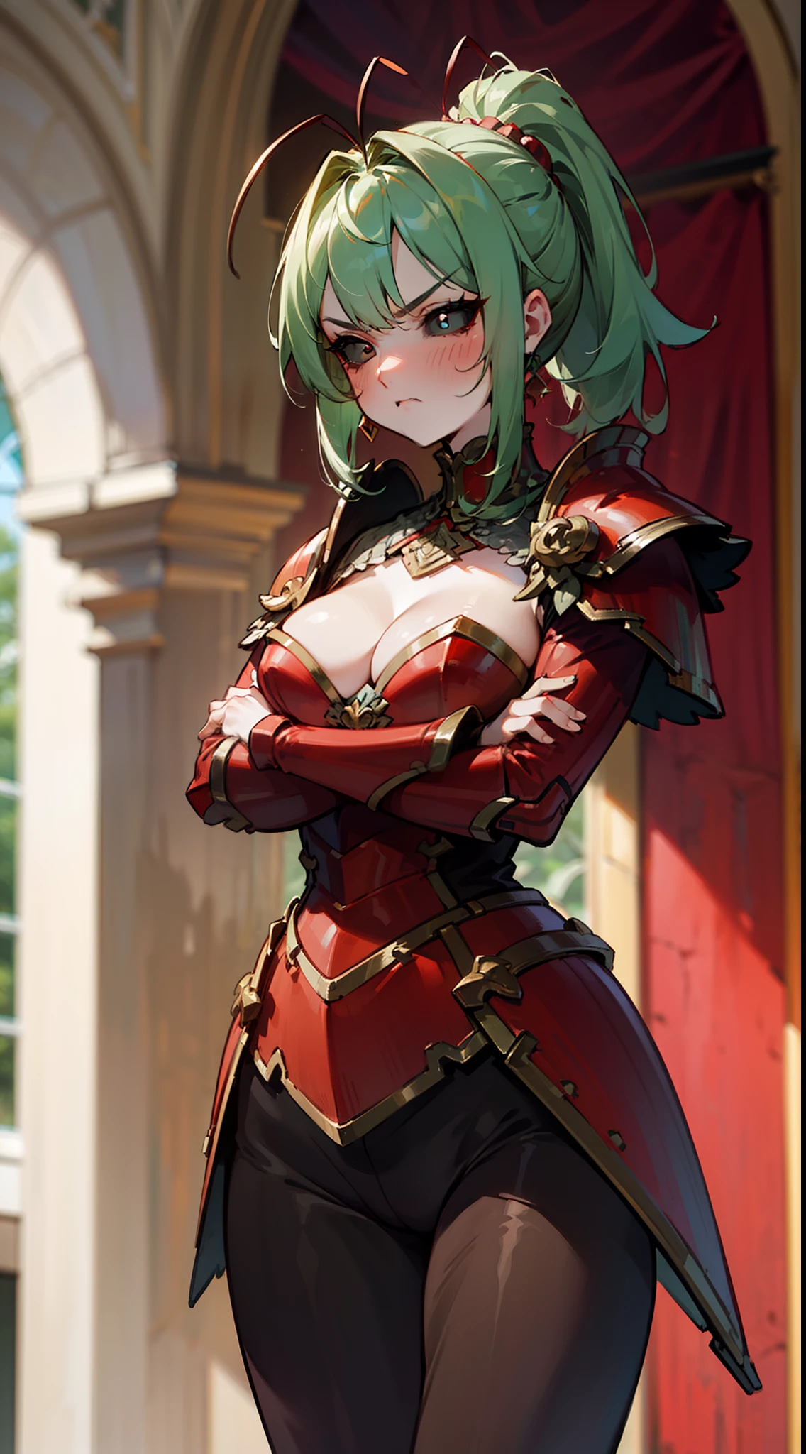 (Original Character,8k, Masterpiece, Best Quality,Detailed, Beautiful Detailed Eyes, solo),mature female,tall, fine skin,cleavage,blush,cowboy shot,black eyes,black sclera,light green hair,ponytail hair,((hair 2antennas)),standing a room in castle,((red armor)),crossed arms,black pantyhose, angry face,