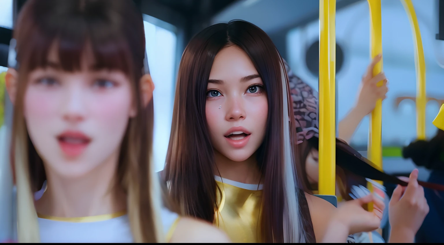 there are two girls on a bus smiling, new jeans