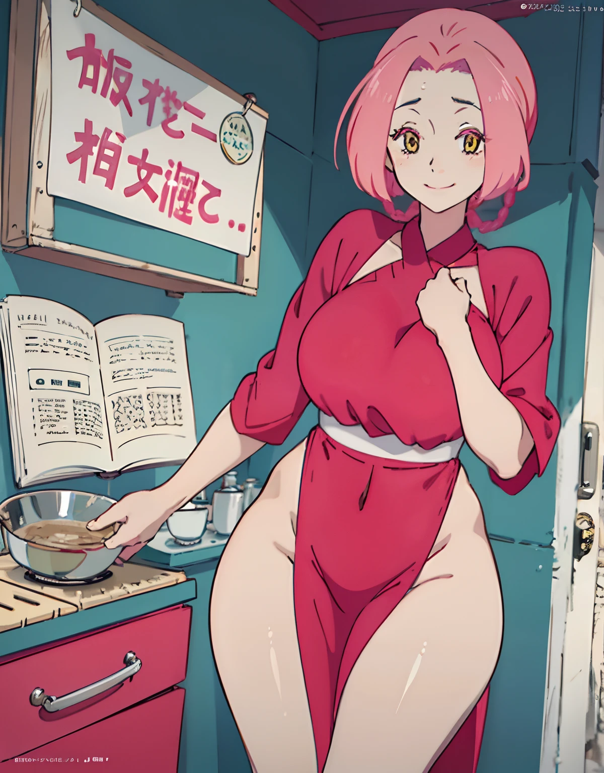 (Best Quality, Masterpiece),sexy mommy, Front cover of a women's cooking magazine, , naked, erotic, 18+, nsfw, 1girl, 30 years old, stunning, cute, heartwarming smile, hourglass figure, Maid costume, beautiful food, text, diagrams, advertisements, magazine title, short pink hair, One strand of hair hangs down over his forehead.