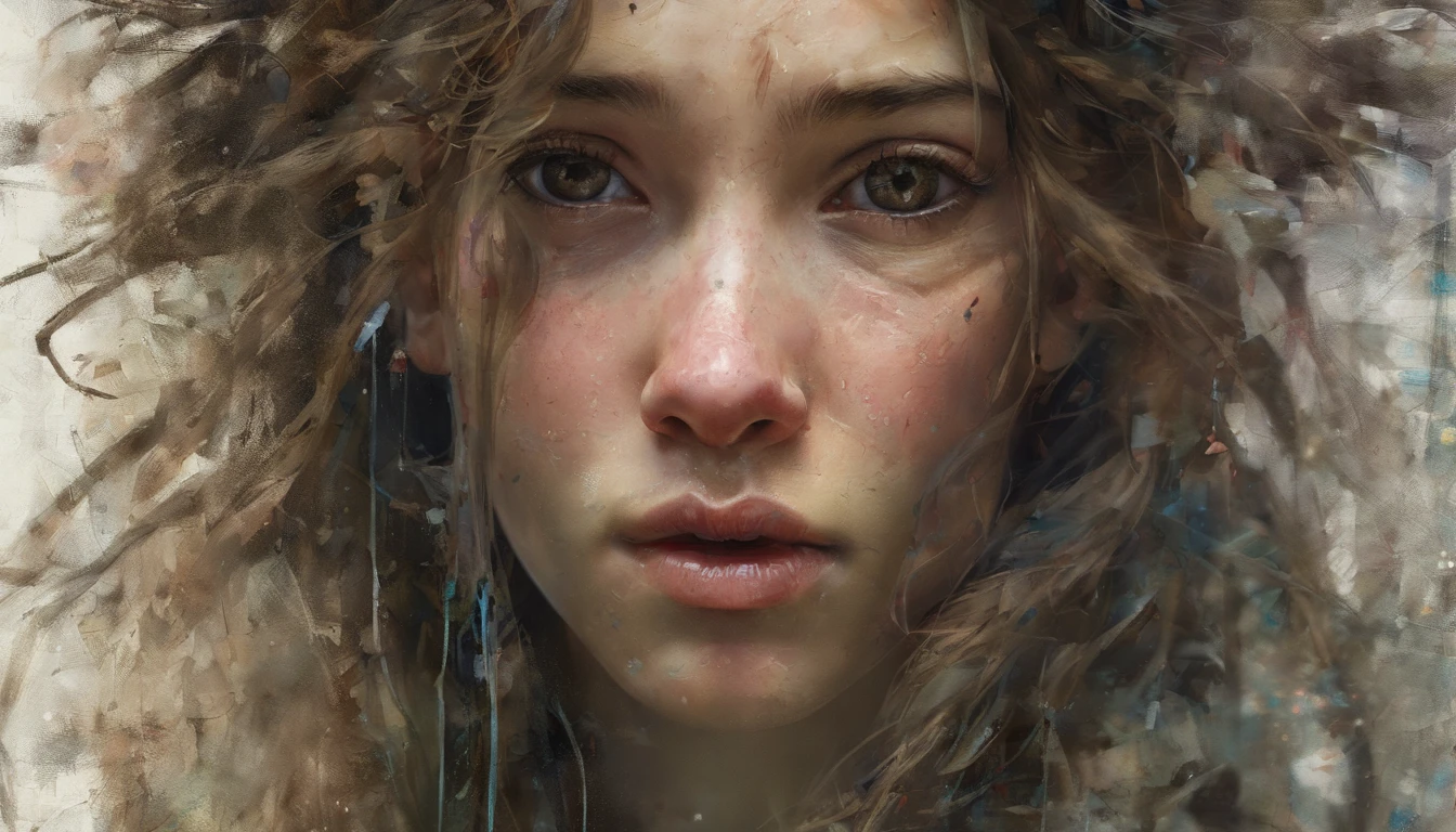 fine art, dusty enviroment, backlight, background like Jeremy Mann, Carne Griffiths, tired, overwhelmed, textura de tela detallada, rostro triste detallado, detalles claros, textured paint , masterpiece, particles, detailed abstract, background, high resolution, high quality, colorfull, full body frame
