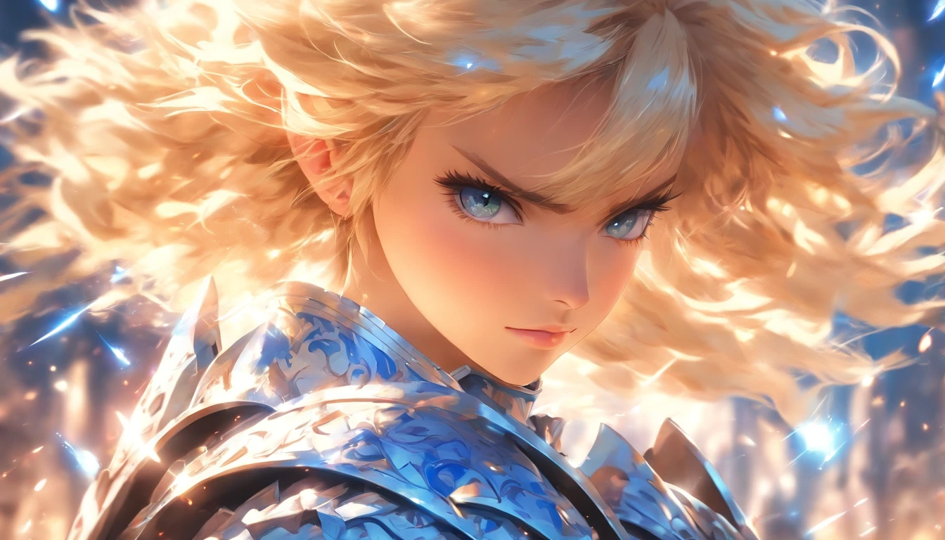 one blonde girl, she is a female knight, wearing blue and white armor, ultra sharp, 8k, masterpiece, looking at viewer