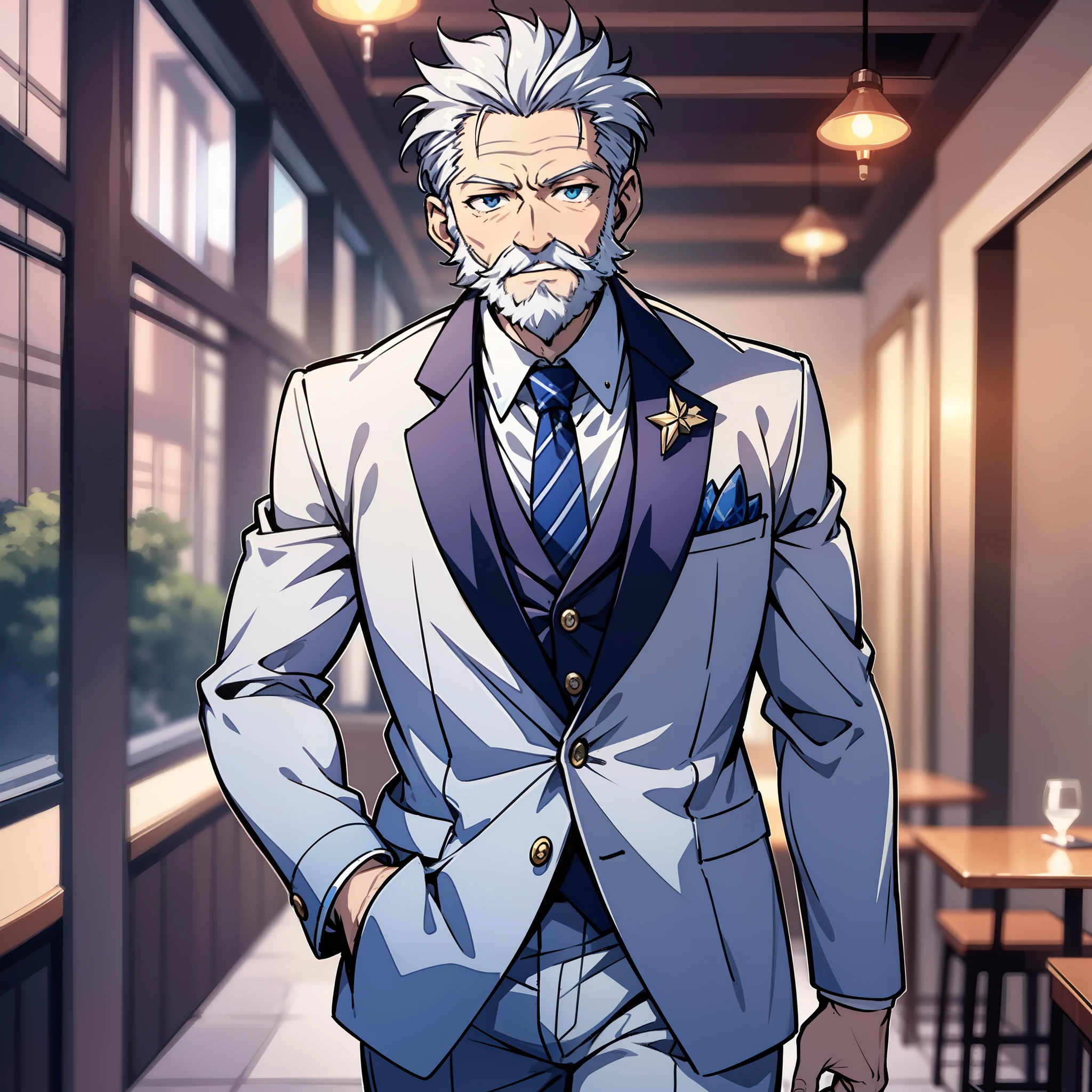 60 years old anime gray hair old man,White beard 1.5,Wearing a blue suit,Stand in a high-end café(smile1.5)(Walking action 1.5)(Background in premium café:1.5),Anime style 4K,Anime rendering,style of anime,8K fineness,(Upper body display:1.5)(Cinematic lighting:1.5)(Old Man 1.5)