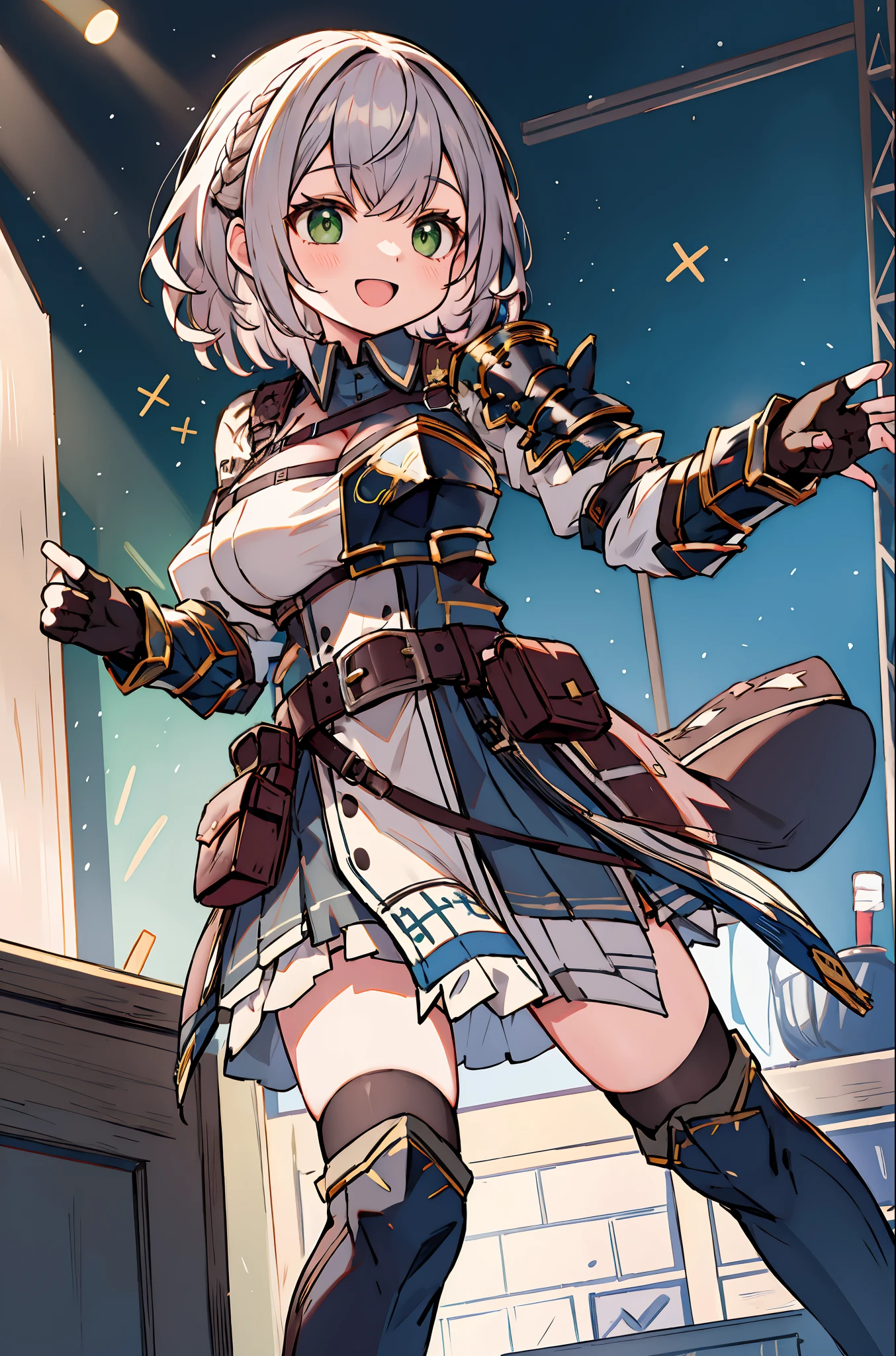 masutepiece, Best Quality, hight resolution, Arnoel, Medium Hair, Green eyes, shairband, Blue collar, Shoulder Armor, cleavage, mole in breast, Armored dress, Chest belt, gold trim, Fingerless gloves, Black Gloves, brown belt, Pouch, pelvis curtain, black thighhighs, Cowboy Shot, Standing, stage, holding microphone, Open mouth, Smile