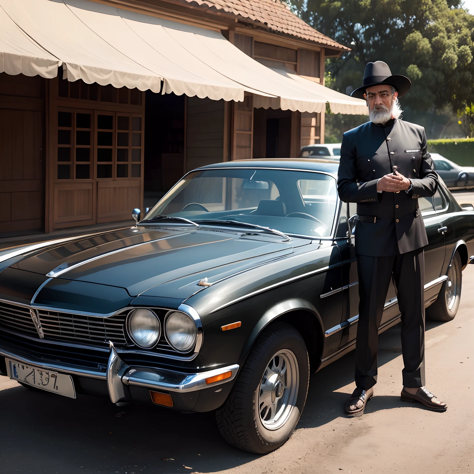 Create the image of a Lebanese, wearing black pants, black sandals, camisa de manga longa branca, colete preto, Characteristic hat of the Lebanese, com aproximadamente 50 anos, pesando uns 150 kilos, holding in his left hand a sponge and in his right hand a hose from a jet washer, onde ele esteja lavando um carro sedan de luxo, imagem mais cartunesca