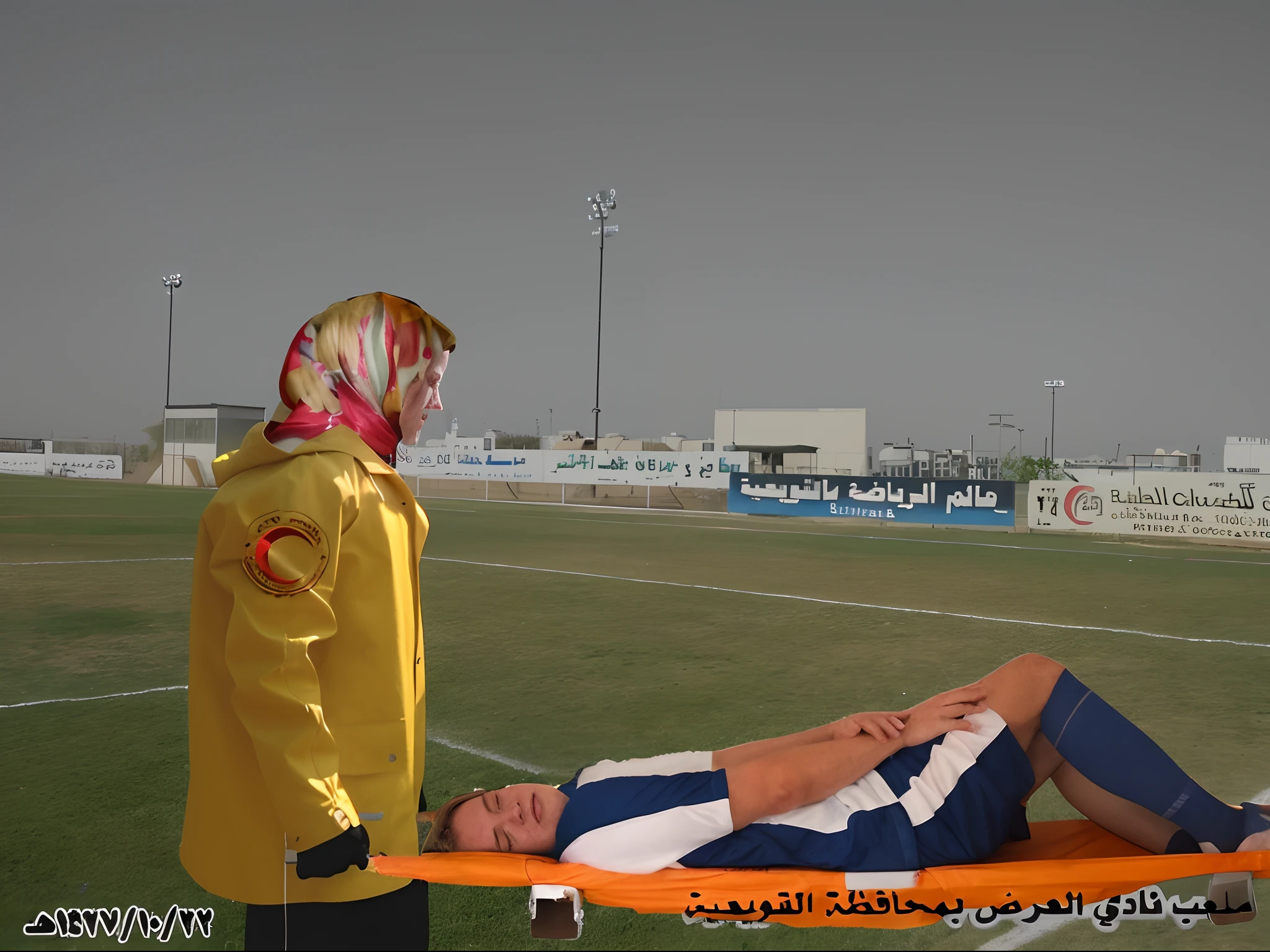 there is a man laying on a stretcher on a field, Photography of an injured sportsman on a stretcher being carried by a longhaired blond woman in a long black down coat, a young male soccer player in short sportswear is lying on his back on a stretcher and is grabbing his shin with his hands, hyperralistic, very realistic, ultrarealistic photorealistic, pgoto, photoreal, a young woman is wearing a high shine black downcoat and is holding a stretcher inside a sports stadium, a young madeup blond woman in a high-shine padded coat is shouting out for help and has a very sad and furious expression in her face, a sportsman is lying on a stretcher and has a very painful and suffering face, a young sportsman on a stretcher with a very painful expression in his face, dramatic action pose, sports accident, injury scene, theatralic pity pose, pity pityful, pain, a sportsman is lying on a stretcher and is crying in pain, a young madeup woman in a shiny coat is carrying a man on a stretcher inside a sports stadium, sports scene, stadium