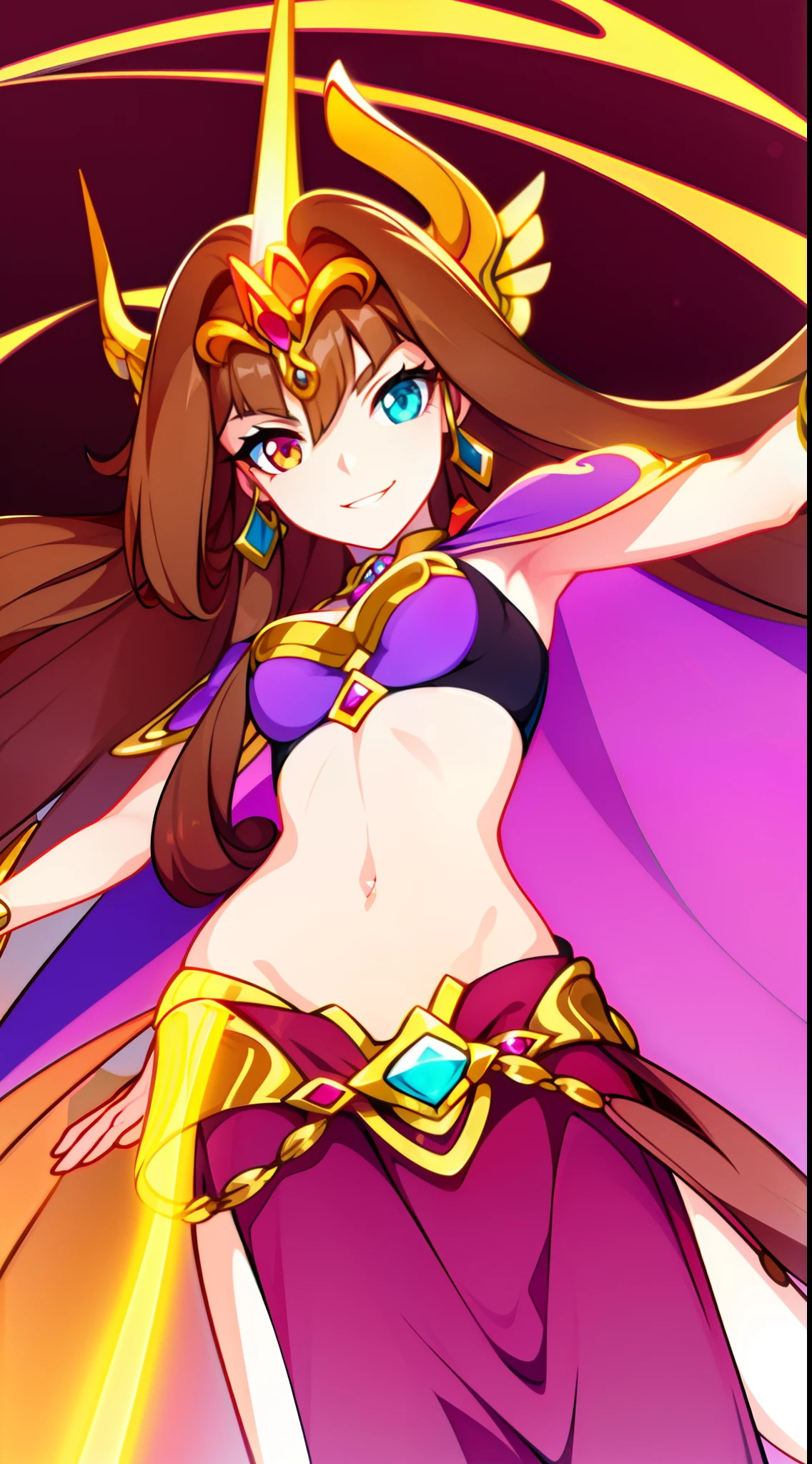 young girl, Long brown hair, Heterochromia, purple and yellow eyes, Smile, purple tight top, Turquoise skirt, open belly, Cape King, diadem, Gold Elements, She-ra, Masterpiece, hiquality, 4k, HD, Good detail