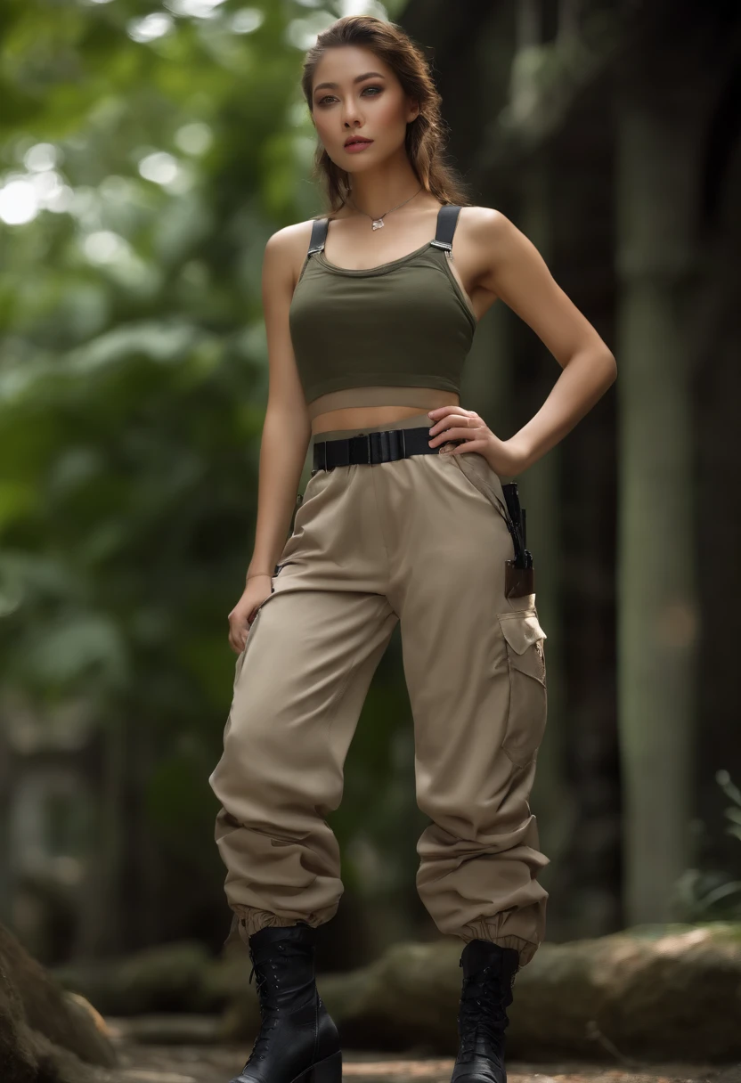 full body, female soldier wearing satin ultra loose harem cargo utility pants with pockets tucked into high heeled knee-high boots tank top and waist belt chest straps meticulously detailed full body view, Raw photography、22-year-old girl, (1girl in)、(realisitic)、(Photorealsitic:1.5)、lipstickornfreckles、(Raw photography、8K UHD、film grains)、Sharp eyeliner、Blush eyeshadow with thick eyelashes、extremely delicate and beautiful、8K、(Soft lighting)、hightquality、hight resolution、foco nítido、ighly detailed、during the day、(sunlight on face)、beatiful detailed eyes、 extremely detailed eye and face、​masterpiece、(lighting like a movie)、(high-detail skin:1.2)、8K UHD、Digital SLR、Soft lighting、hightquality、film grains、​masterpiece, top-quality, high quality, high resolution