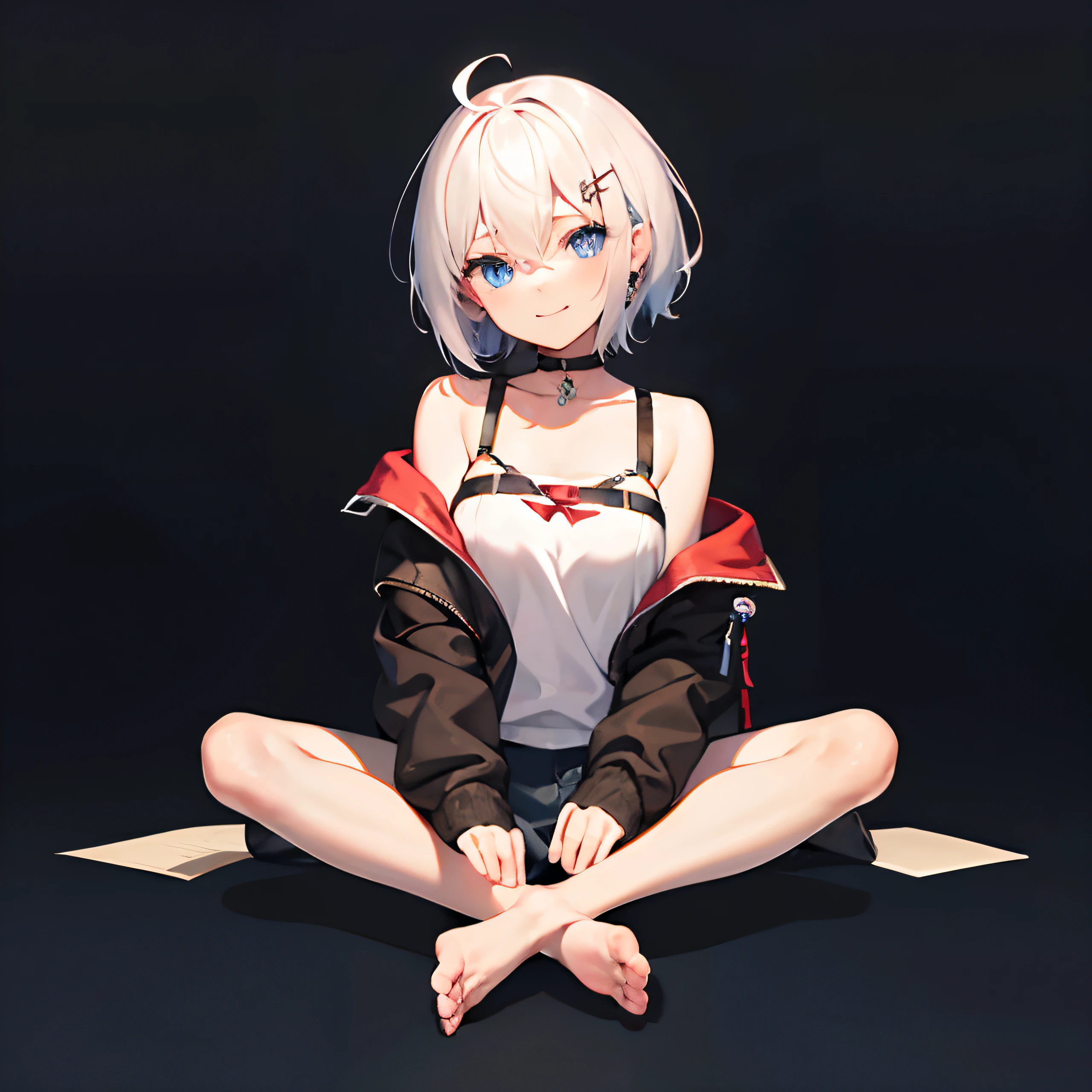 超A high resolution, Best aesthetic, Top quality depiction of the foot, Put on a jacket, Flat Avatar, Anime visuals of cute girls, Cute art style, Chibi, White hair、Shorthair, Ahoge, is shy, A smile, hair adornments,drawing on paper, simple background, 耳环, jewely, side locks, large oval eyes,
