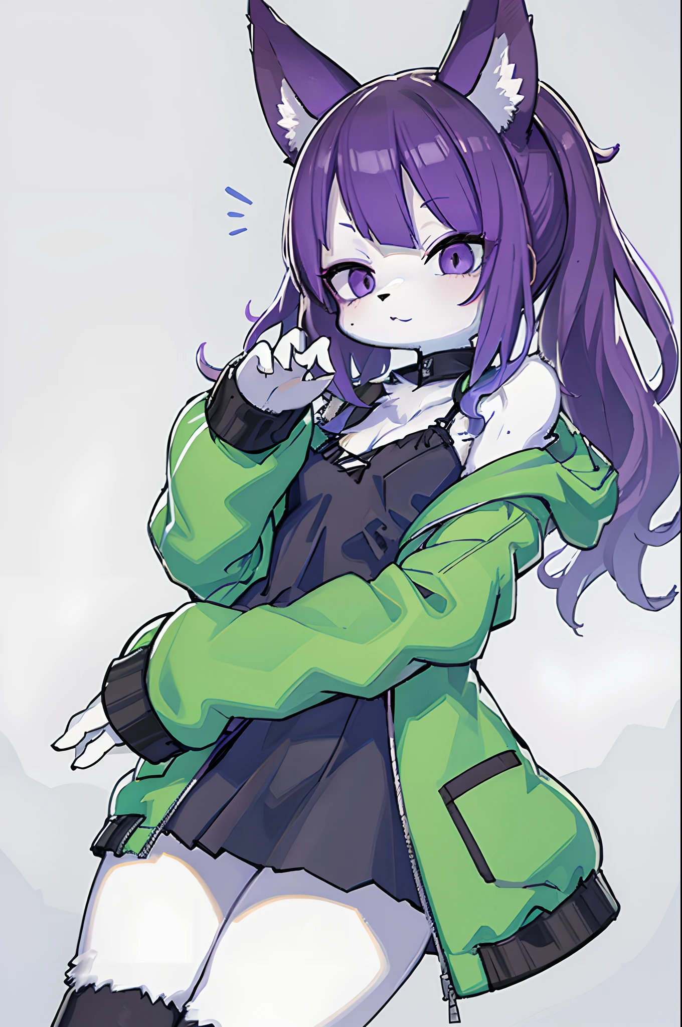 ((masterpiece、top-quality))、furred、animal ear、tailed、body fur、独奏:1.3、simple background:1.3、Purple hair、Twin-tailed、White blouses、Green jacket