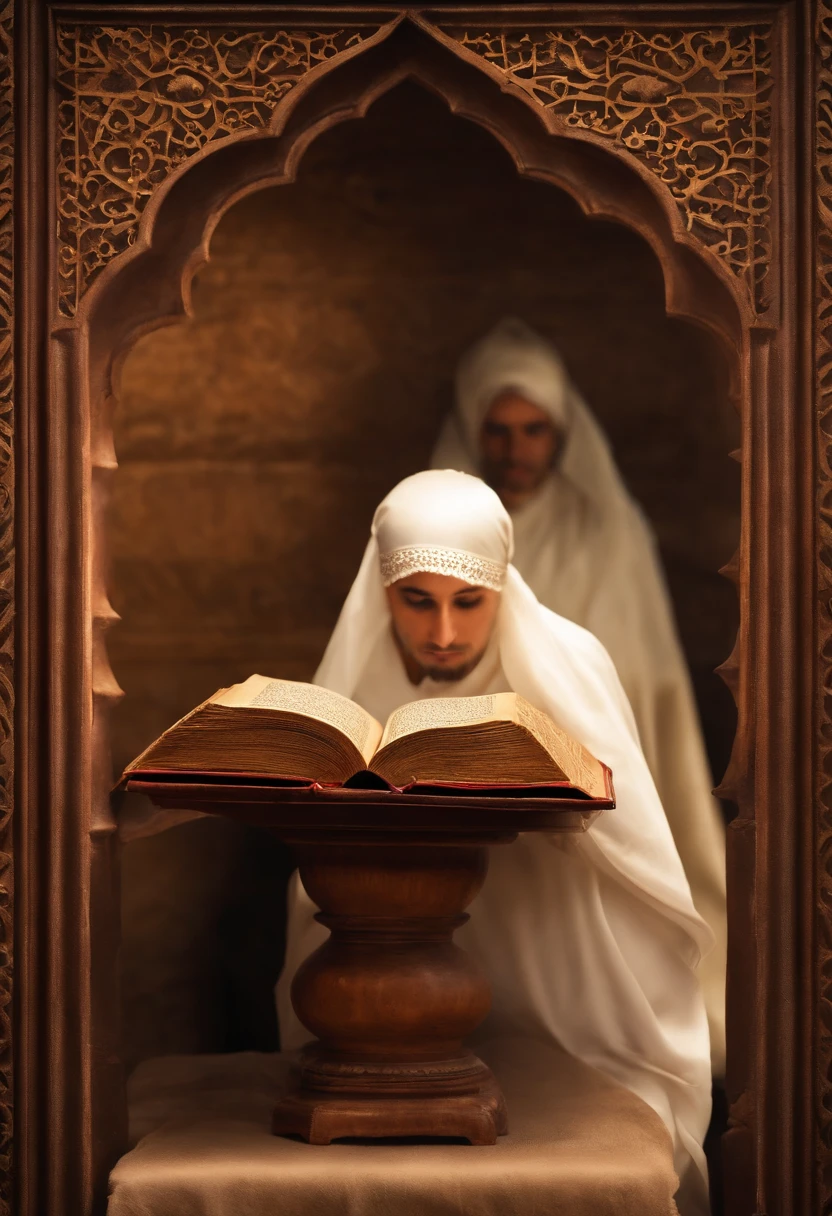 "Please, Create a high-definition image of the Arabic book that captures the reverence and spiritual significance of this holy book. The image must convey the historical and religious importance of the Arabic book and present it in a dignified and respectful manner... Use soft lighting to highlight cover and page details, Focus sur sa texture et son vieillissement, if applicable. Placing the Bible in a setting that evokes a sacred environment, like a wooden shelf in an old bookcase or an illuminated altar. Colors should be subtle and typographical, present, must be elegant and discreet. The image should inspire a sense of reverence and spiritual connection.."