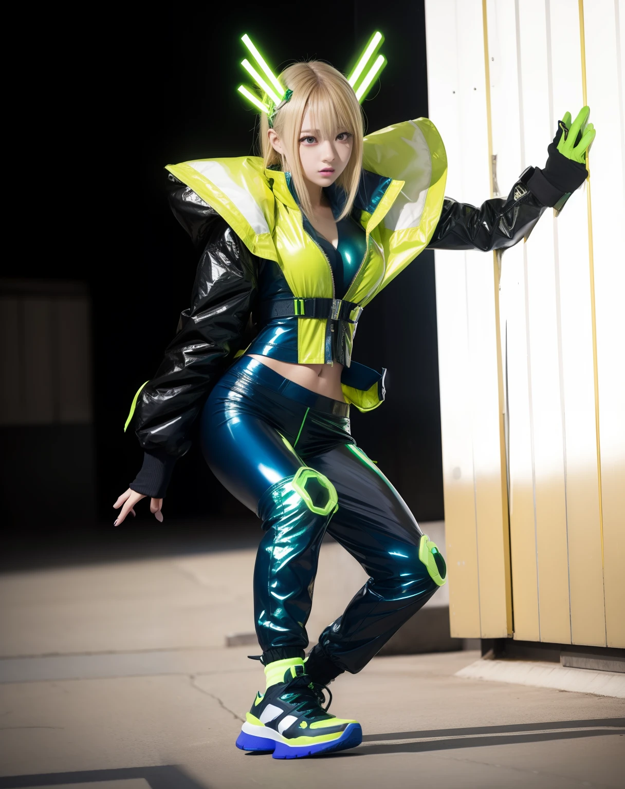 Cyberpunk High School Idol、Good Style、Light gold hair、、、Idol face、large full breasts、Fluorescent Green Clothing、、、、Shiny Yellow Jacket、Shiny Blue Shorts、Colored tights