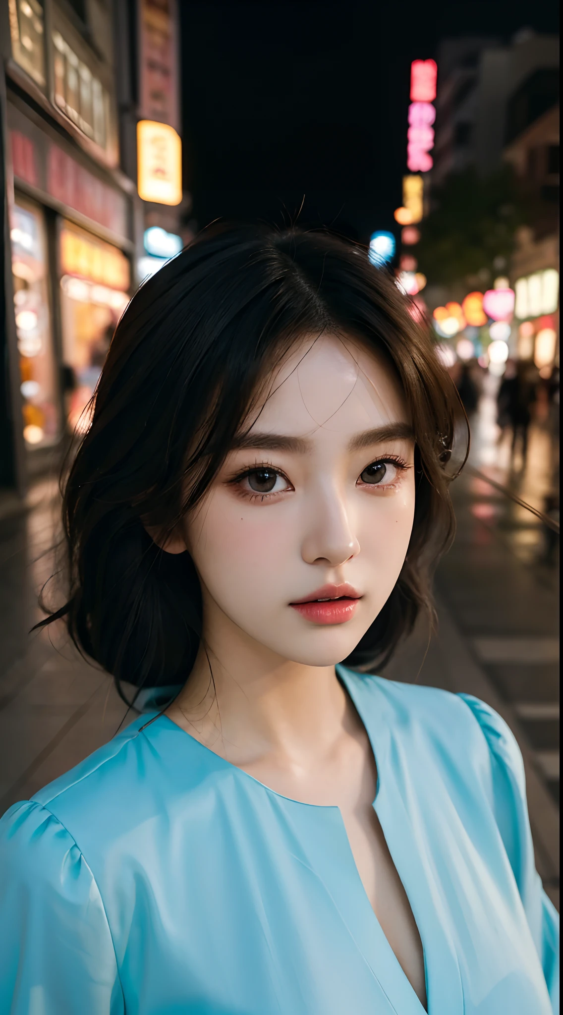 (Best quality,16k,A high resolution,Masterpiece:1.2),Ultra-detailed,(Realistic,Photorealistic,photo-realistic:1.37),Korean fashion beauty,Japanese and Korean beauties,cute and innocent,Detailed eyes and face,beautiful detailed lips,Long eyelashes,slimification,fashionable in dressing,Plump upper circumference,Large breasts,(Lovely,Charming:1.1),Colorful street background,Stylish clothes and accessories,Portrait style photography,Vivid colors,Street lights.