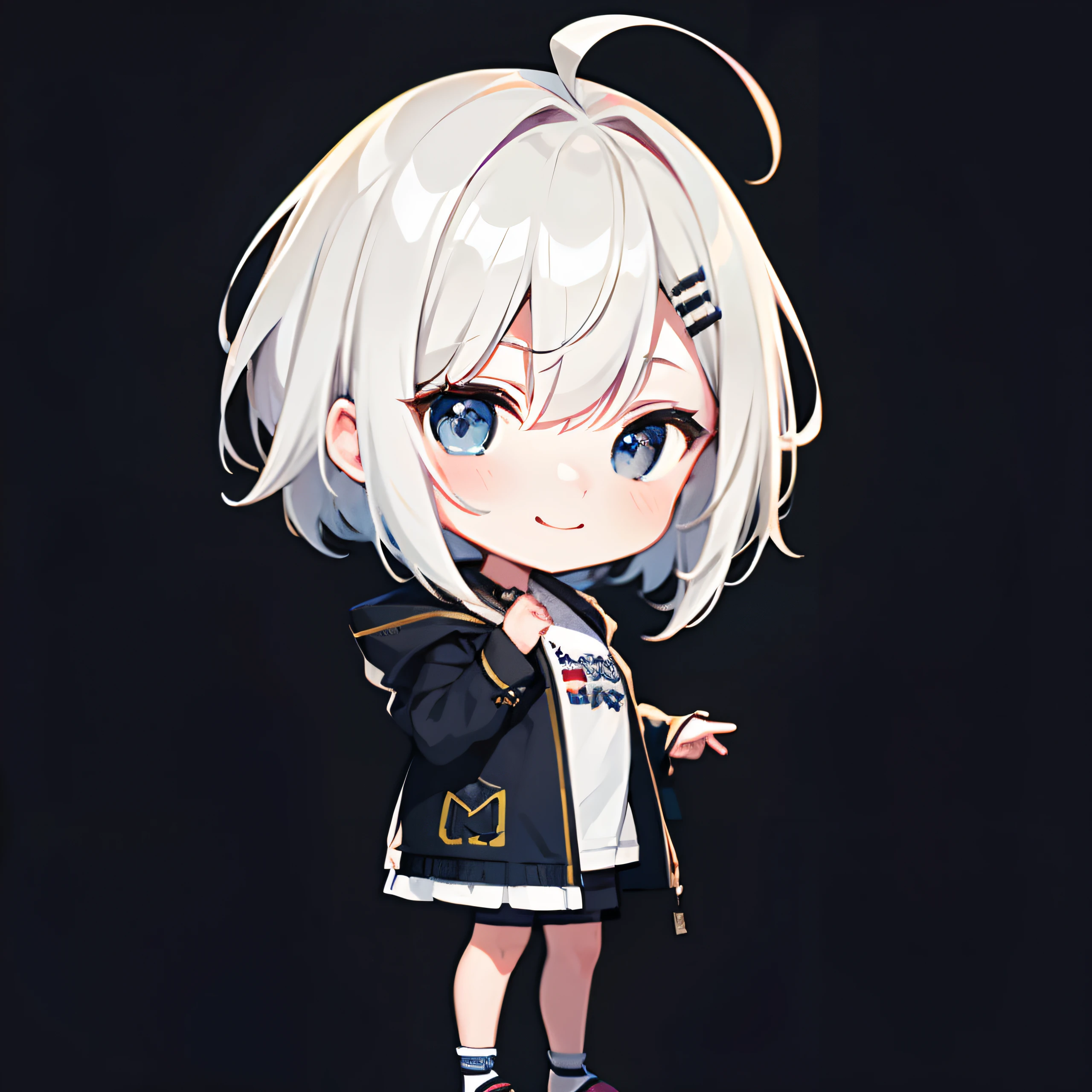 超A high resolution, Best aesthetic, Top quality depiction of the foot, Put on a jacket, Flat Avatar, Anime visuals of cute girls, Cute art style, Chibi, White hair、Shorthair, Ahoge, is shy, A smile, hair adornments,drawing on paper, simple background, 耳环, jewely, side locks, large oval eyes,