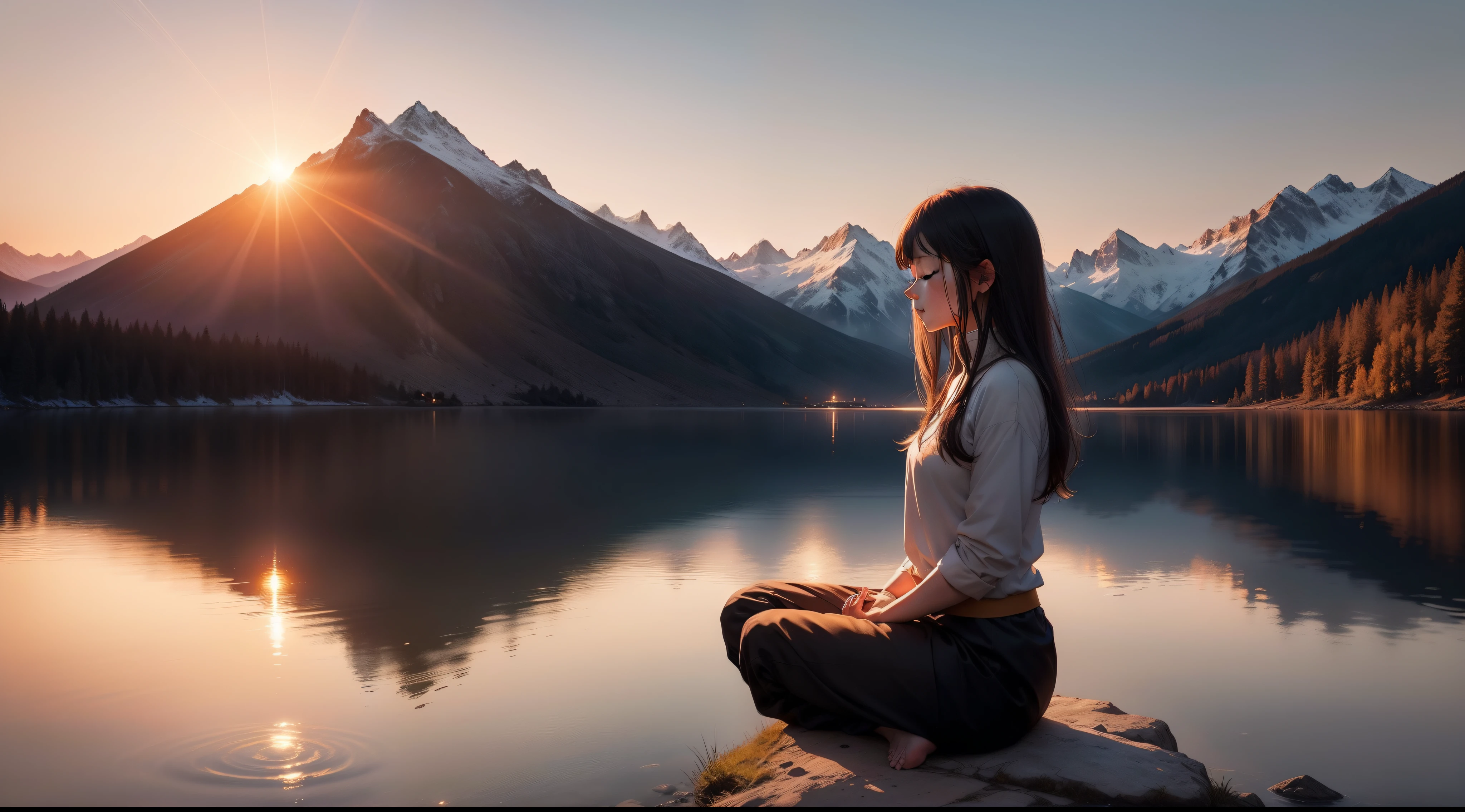 A breathtaking scene with a spectacular sunset over a calm lake surrounded by majestic mountains. In the center of the image, a person stands with their hands clasped in prayer and their eyes closed in deep meditation. Just above them, an artistic representation of God, surrounded by a divine aura of light, gazes compassionately upon the meditating person. The golden light of the setting sun bathes the scenery, creating a tranquil and spiritual atmosphere