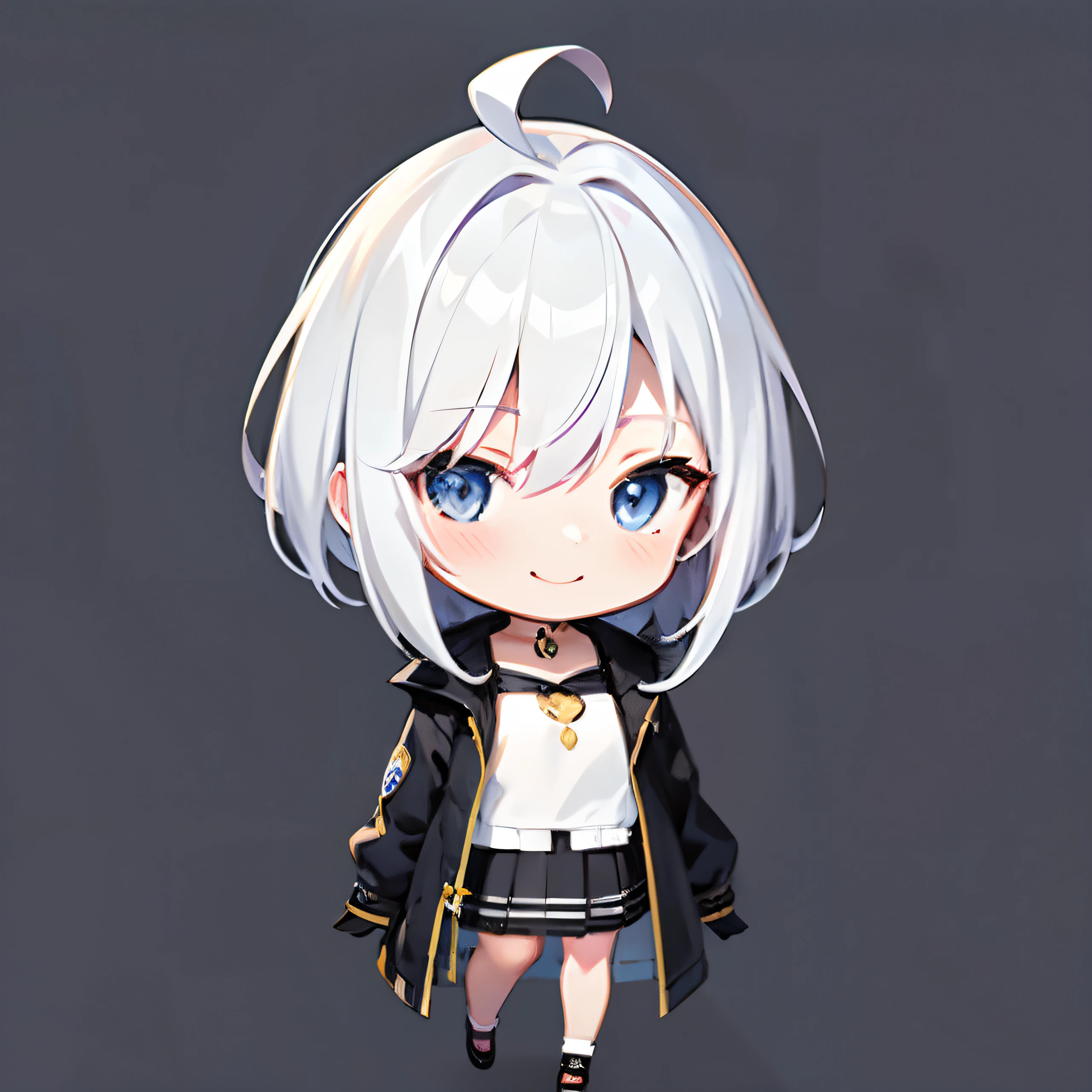 超A high resolution, Best aesthetic, Top quality depiction of the foot, Put on a jacket, Flat Avatar, Anime visuals of cute girls, Cute art style, Chibi, White hair、Shorthair, Ahoge, is shy, A smile, hair adornments,drawing on paper, simple background, 耳环, jewely, side locks, large oval eyes,