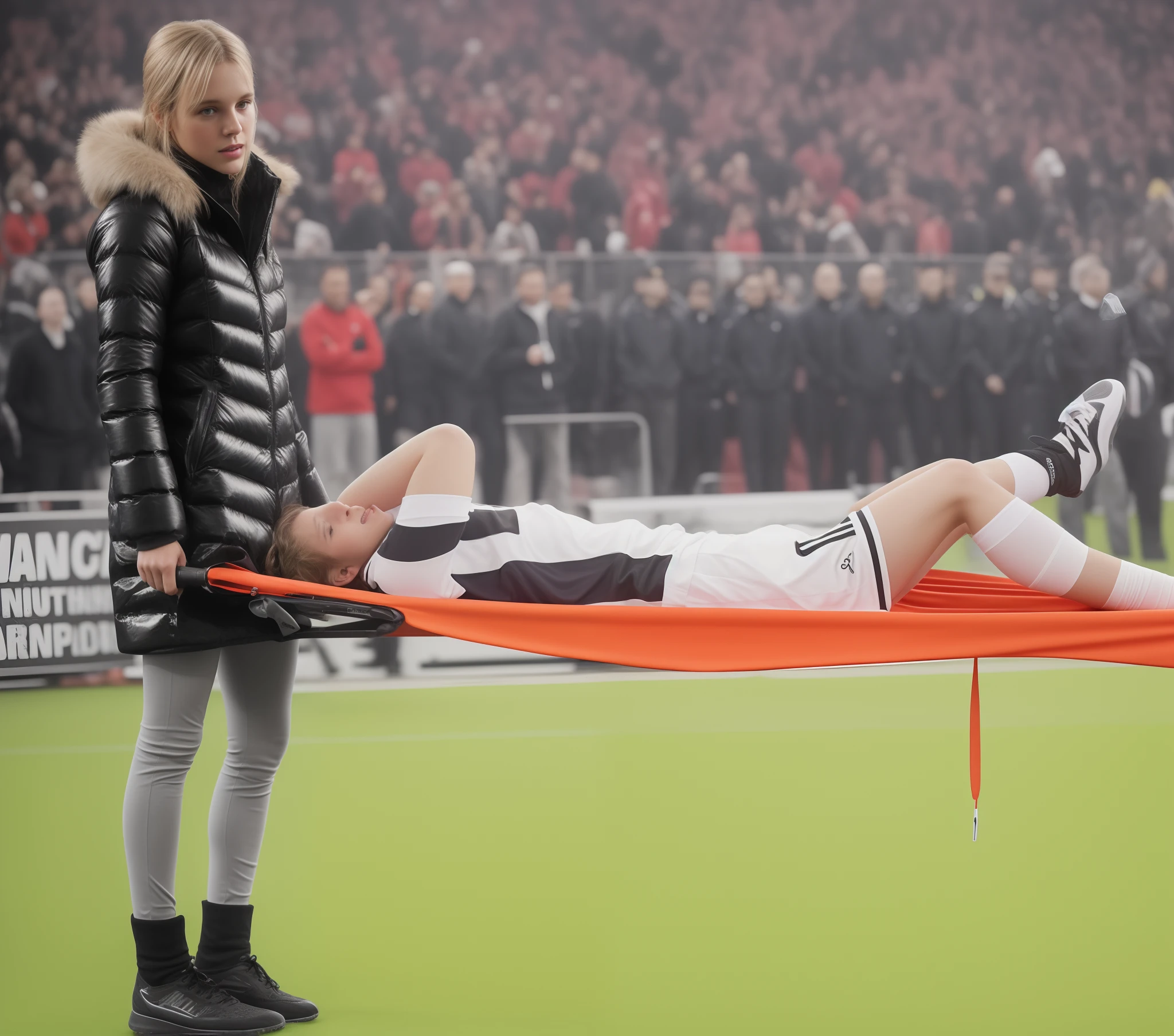 pietà-pose, an attractive woman in a glossy waterproof wetlook jacket, an attractive woman in high shine leather pants, soccer action pose, affection pose, lecherous action pose, dramatic action pose, theatralic pose, there is a consciousless athlete in matte white shorts and a matte red shirt, a soccer player in white sports shorts and a red jersey, there is a attractive woman that is carrying a skinny man, there is a beautiful woman in a shiny coat who is carrying a blond man in her arms, a longhaired beautiful woman in a high-shine black puffy coat, a longhaired woman in a shiny downcoat, a woman is carrying a shorthaired man who is wearing shorts and a t-shirt, a weak man in spkrts shorts is consciousless and needs to be carried, a shorthaired man with closed eyes is carried in the arms of a longhaired woman, a woman looks very scared and terrified, a consciousless man with closed eyes is suffering very much and has a very painful face, photo, photo shoot, photographed , accident, help, aid, first aid, pity