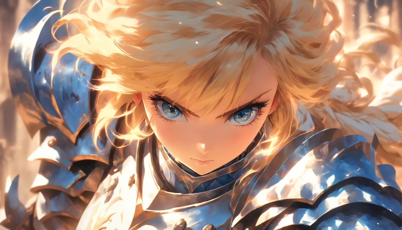one blonde girl, she is a knight, wearing a blue and white colored armor, full armor view, ultra sharp, masterpiece, 8k, looking at viewer