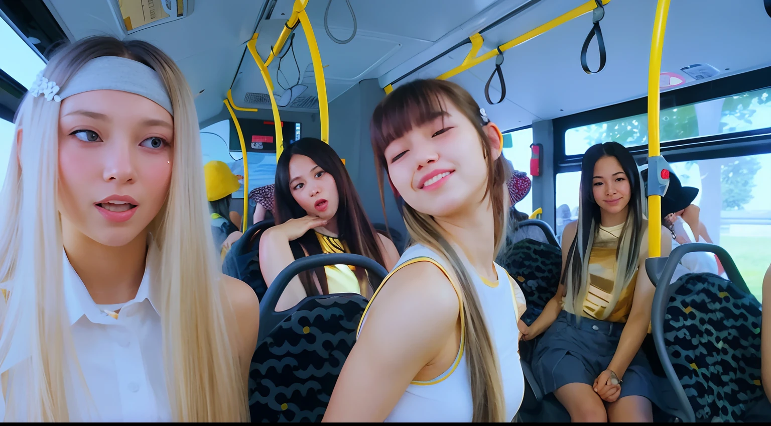 several girls are sitting on a bus with their eyes open, new jeans