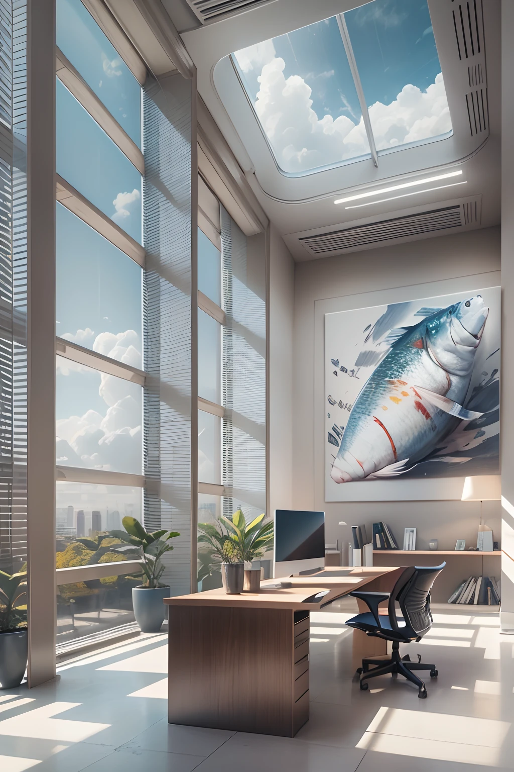 office room，There is a wall in the middle of the office,The painting on the wall is in the middle, Paintings on the walls, skyscape, Large airy windows, Zaha Hadid and Santiago Calatrava landscape panoramic style, Fish, Clear light, Edge lighting, Perfect image, Building summary style, 16k UE5. superfine, 8K, hdr, Product photography, Depth of field, Nikon D850, Ultra-realistic, no contrast, clean sharp focus, professional, No blurring