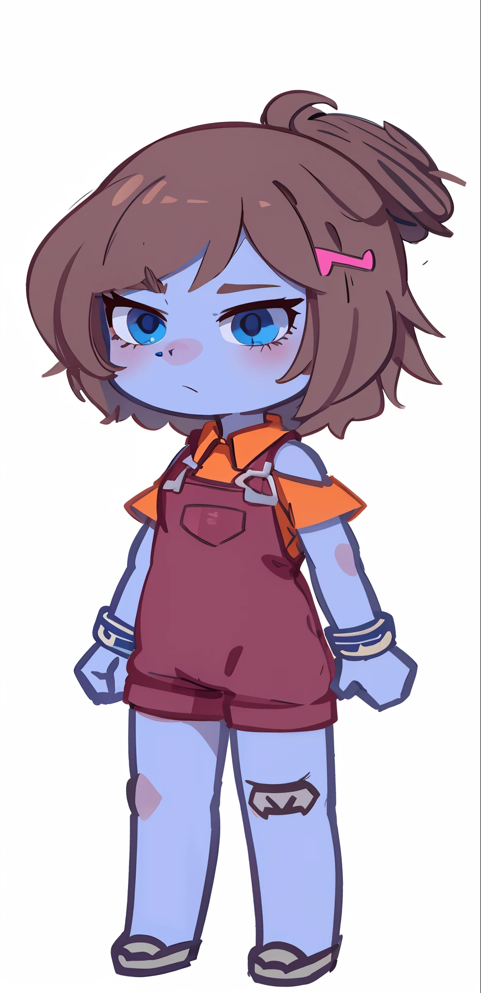 ite girl, blue skin, Brown hair, hair gathered in a bun, jumpsuit, Cyan eyes