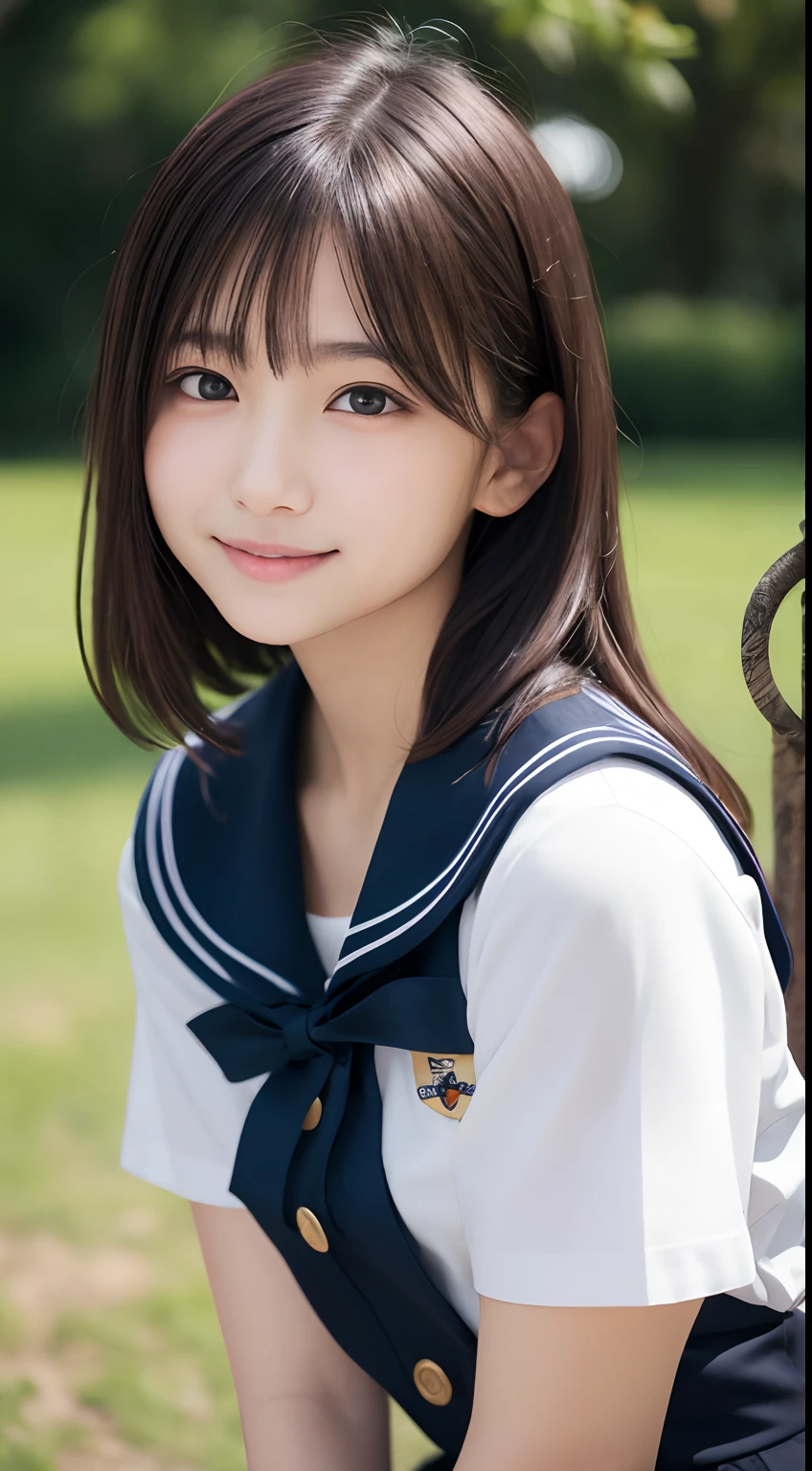 masutepiece, Best Quality, 8K, , Teen, Raw ph absurderes, award winning portrait, Smile, Solo, Night, neons, Idol face, Delicate girl, Upper body, Digital SLR, Looking at Viewer, Candid, Sophisticated, Thin arms, Professional Lighting, Film grain, chromatic abberation, (Eyes and faces with detailed:1.0), (Bokeh:1.1) , sailor uniform , closes mouth , short hair , long hair , huge breast