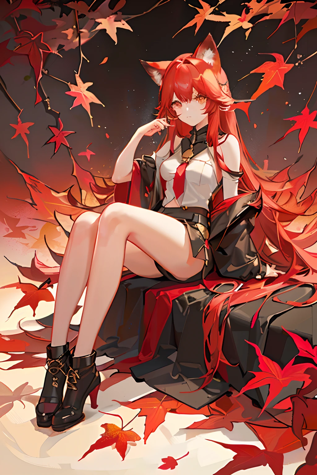 Red long-haired,Red fox ears,Golden eyes,maple leaves,Maple Grove,autumnal