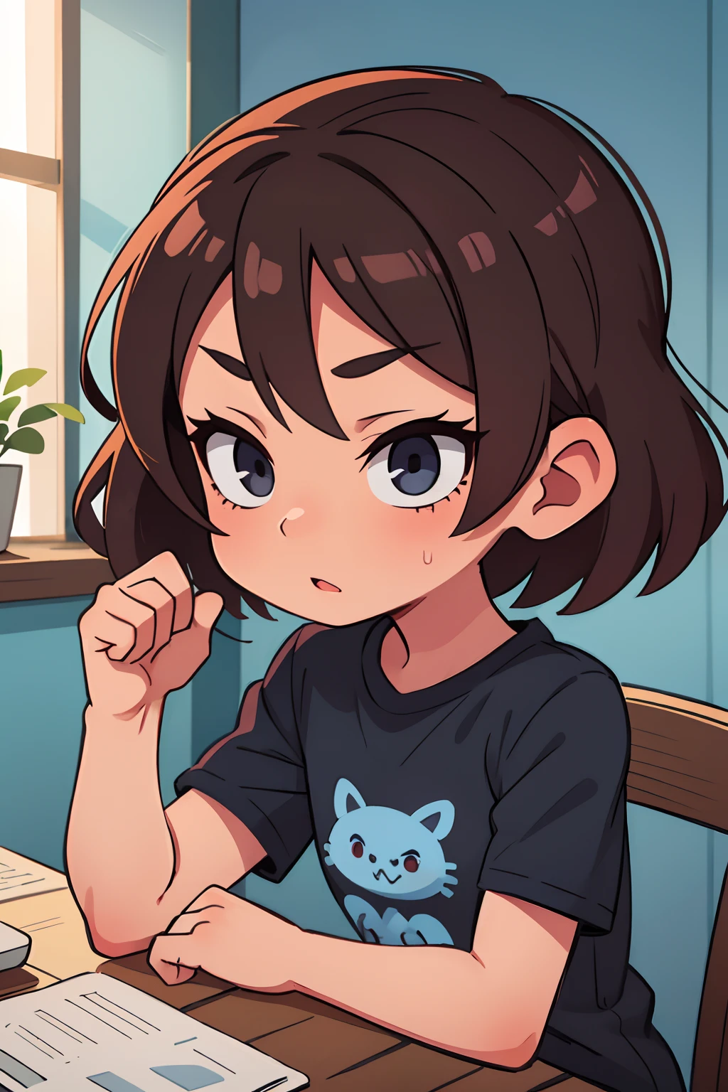 petite girl, blue skin, Brown hair, Medium Hair, gray eyes, black tshirt