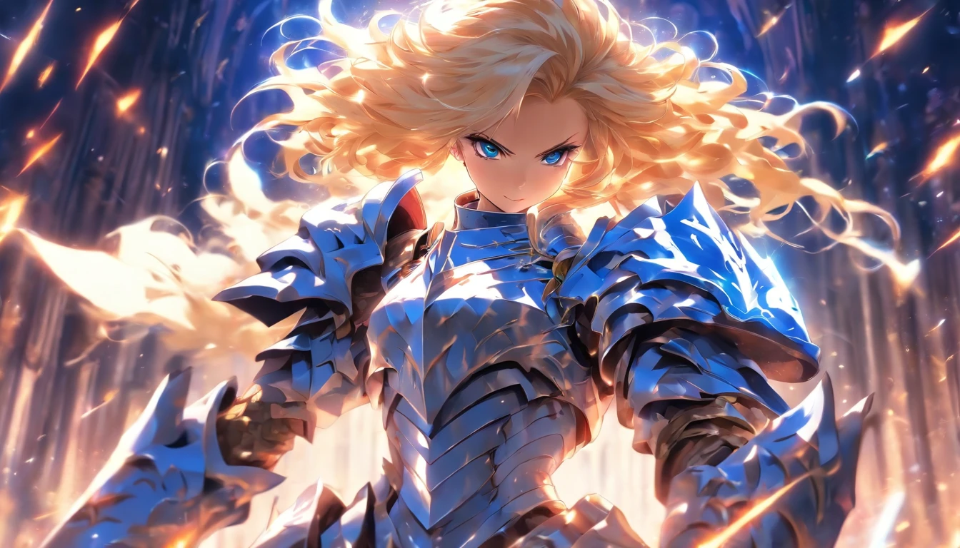 one blonde girl, full body view with arms and legs, she is a knight, wearing a blue and white colored armor, full armor view, ultra sharp, masterpiece, 8k, looking at viewer
