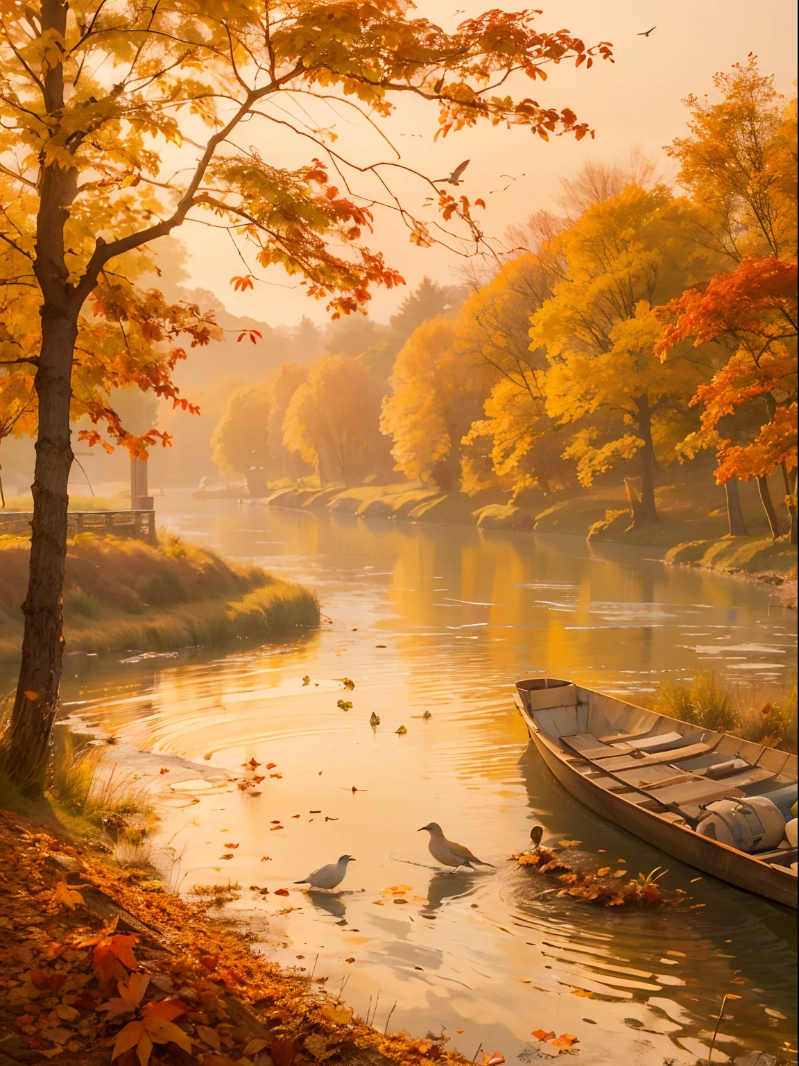 Peaceful scenery at dawn, Soft gold tones depict the horizon where birds sing，autumnal，Flaming red maple，riverbank，A place where nature and technology live in harmony，Let this artwork transport the viewer to another world, Old and new intertwined，Form captivating photos of nostalgia and innovation