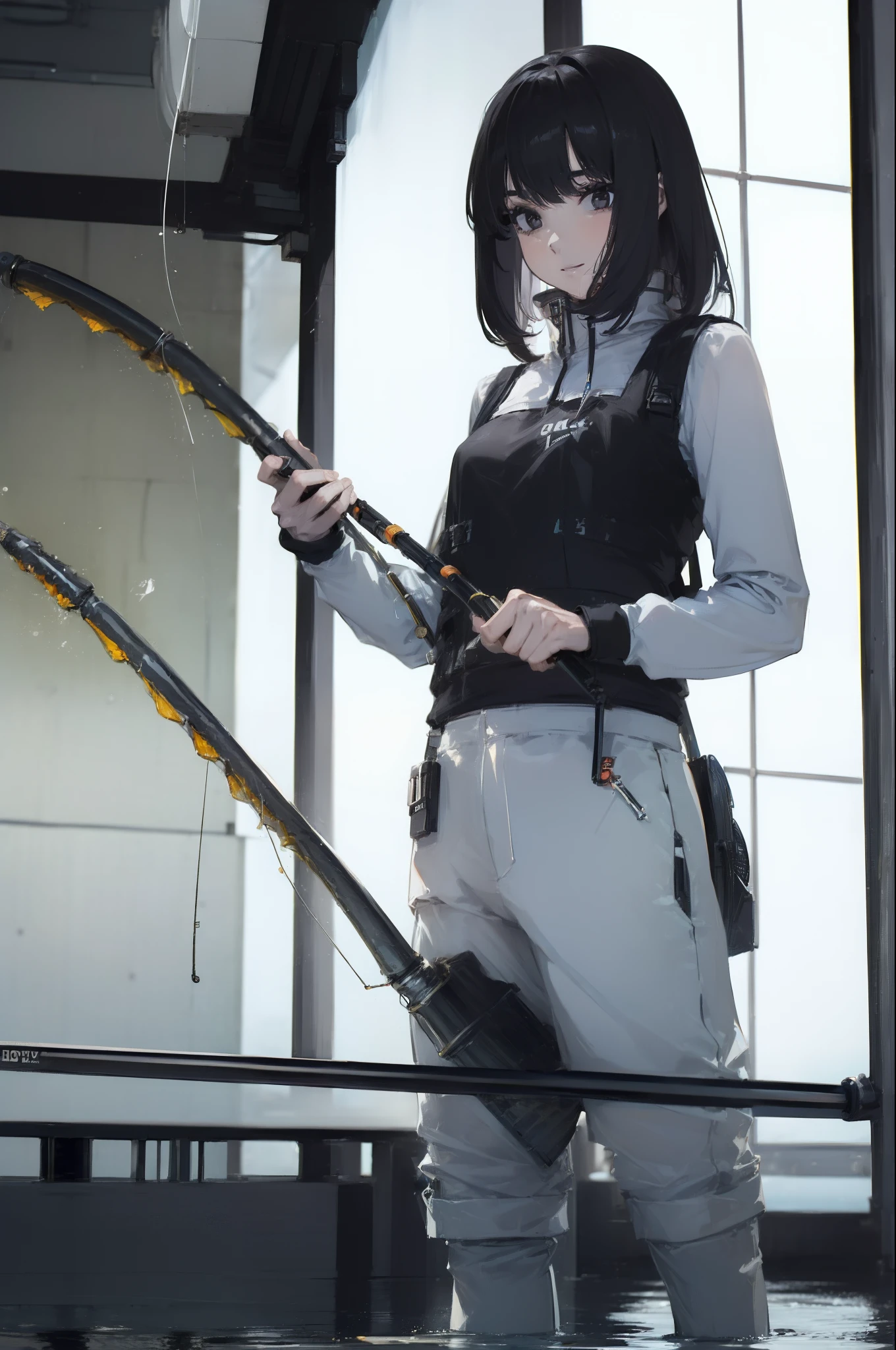 ((((Have a fishing rod with a reel:1.5)))),((Female 28 years old)),((Best Quality:1.5)),(((Fine fingers、Ratio 4 fingers and 1 thumb,detailed arms,detailed human hands))),(((Hands with the correct number and structure of fingers:1.4))),((Lakeside:1.37)),hight resolution,ultra-detailliert,masterpiece,best qualtiy,(Eight-headed body),(1 fishing rod,Holding a fishing rod in your hand,Fishing lure rod,Fishing Reels,Long Sleeve Outdoor Vest,Long pants for fishing,Big backpack),thin and long legs,Beautiful hip line,Beautiful spine,constricted back,Toned waist,beutiful breast),,Gentle smile,shiny lip,(1 fishing rod,Straight stretch fishing rod,Long fishing rod,Woman fishing with fishing rod in hand),Black hair, long eyeslashes, Solid Circle Eyes, drop shadow, Atmospheric perspective,Super Detail, ccurate, small brest,top-quality, blurry backround, bokeh dof:1.2, (masterpiece:1.3), Atmospheric perspective,Super Detail,dynamic compositions, Ultra High Quality,
