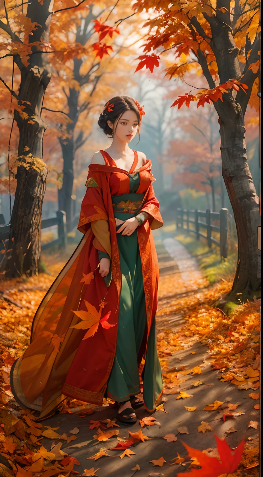 Create captivating autumn depictions, Fiery red maple，eventide，A beautiful woman walks on a path covered with maple leaves，Scenic beauty，A place where nature and technology live in harmony，Let this artwork transport the viewer to another world, Old and new intertwined，Form a charming tapestry of nostalgia and innovation