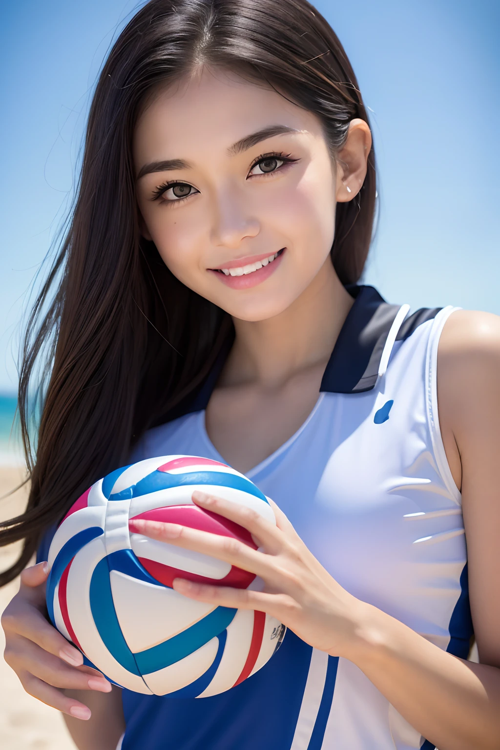 Realistic, photo-realistic:1.37),(8K, RAW photo, Best quality, Masterpiece:1.2), Cute, Ultra-detailed,Heart-shaped pupils,haunting smile,Hair soars,Big eyes,Beach volleyball,The body is next to the volleyball net,Keep your eyes on volleyball,Hit volleyball with both hands,(Volleyball uniform:1.4),fully body photo,Sporty,(Blushlush:1.2),Bullish,self-assured,sandbeach