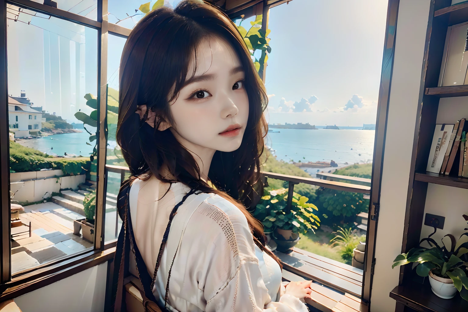 top-quality、masuter piece、ultra-detailliert、Cowboy Shot、独奏、Natural look、(((Realistic textured hair、Brown hair、hair messy:1.3、a short bob)))、white  shirt、(((realistic background、细致背景、blurry backround:1.3)))、((Large living room、View of the sea outside the window、Sea view、huge window、mare、houseplant、a plant、bookcase、bookcase))、Beautiful room、Beautuful Women、View from the beautiful window