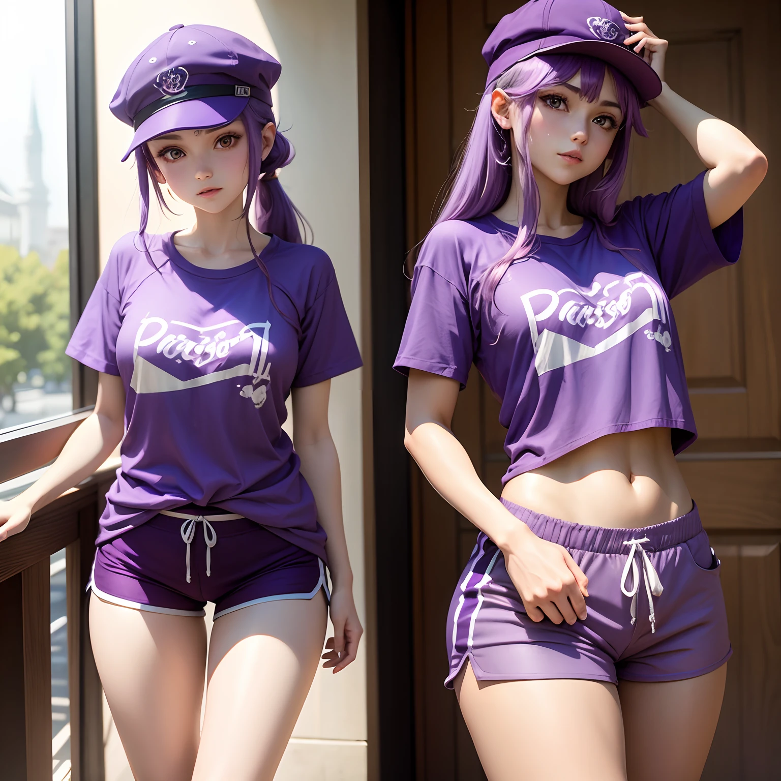 Anime Chanochka with purple shorts in a purple t-shirt with a purple cap
