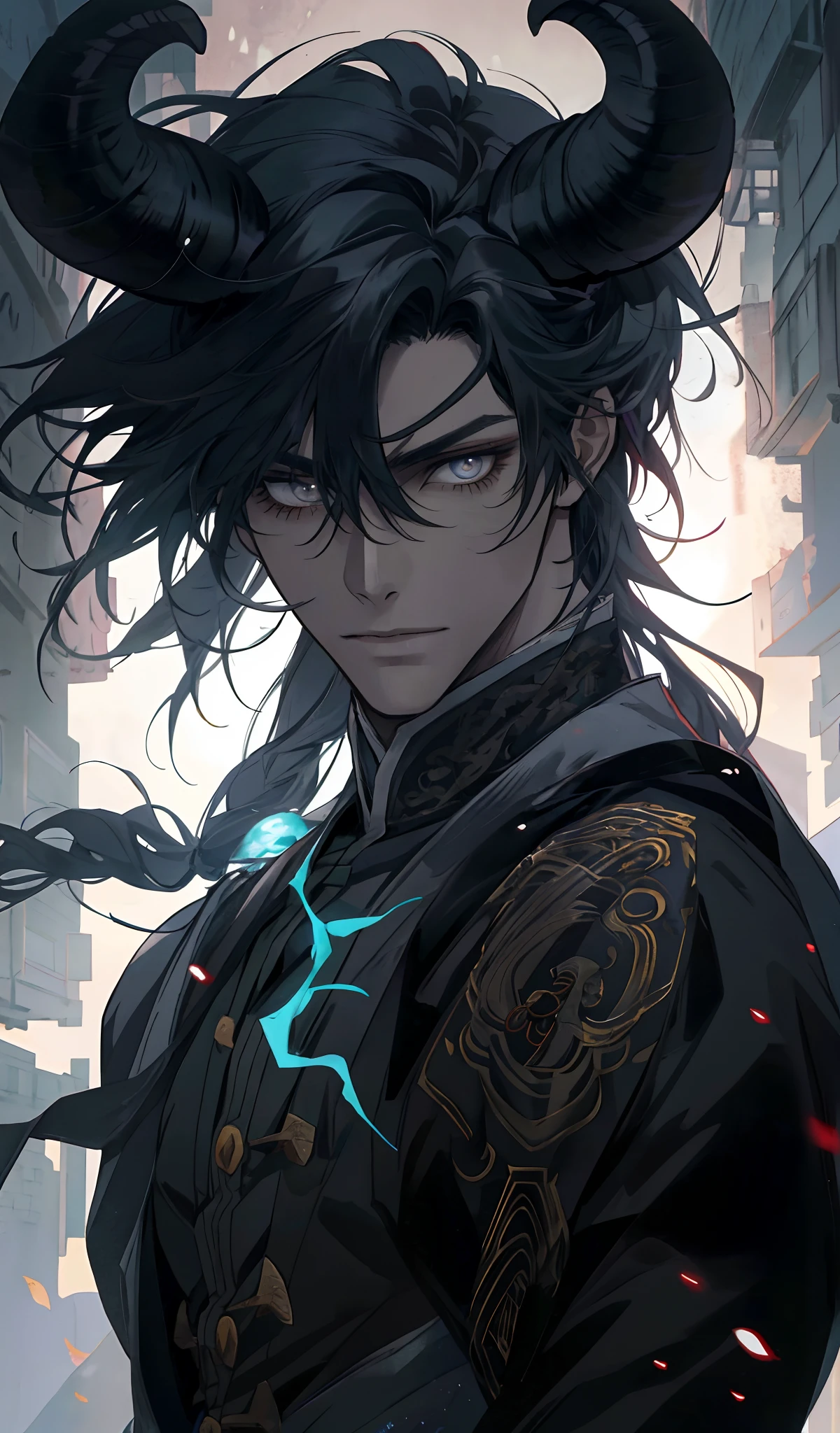 anime guy with horns and a goat head, anime tribal boy with long hair, handsome guy in demon slayer art, handsome japanese demon boy, detailed anime character art, detailed digital anime art, by Yang J, with his long black hair, anime handsome man, male anime character, inspired by Okumura Masanobu, he has dark grey hairs