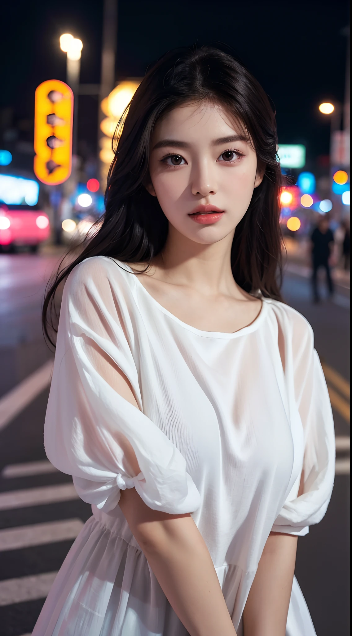 (Best quality,16k,A high resolution,Masterpiece:1.2),Ultra-detailed,(Realistic,Photorealistic,photo-realistic:1.37),Korean fashion beauty,Japanese and Korean beauties,cute and innocent,Detailed eyes and face,beautiful detailed lips,White teeth,Long eyelashes,slimification,fashionable in dressing,Plump upper circumference,Large breasts,(Lovely,Charming:1.1),Colorful street background,Stylish clothes and accessories,Portrait style photography,Vivid colors,Street lights.