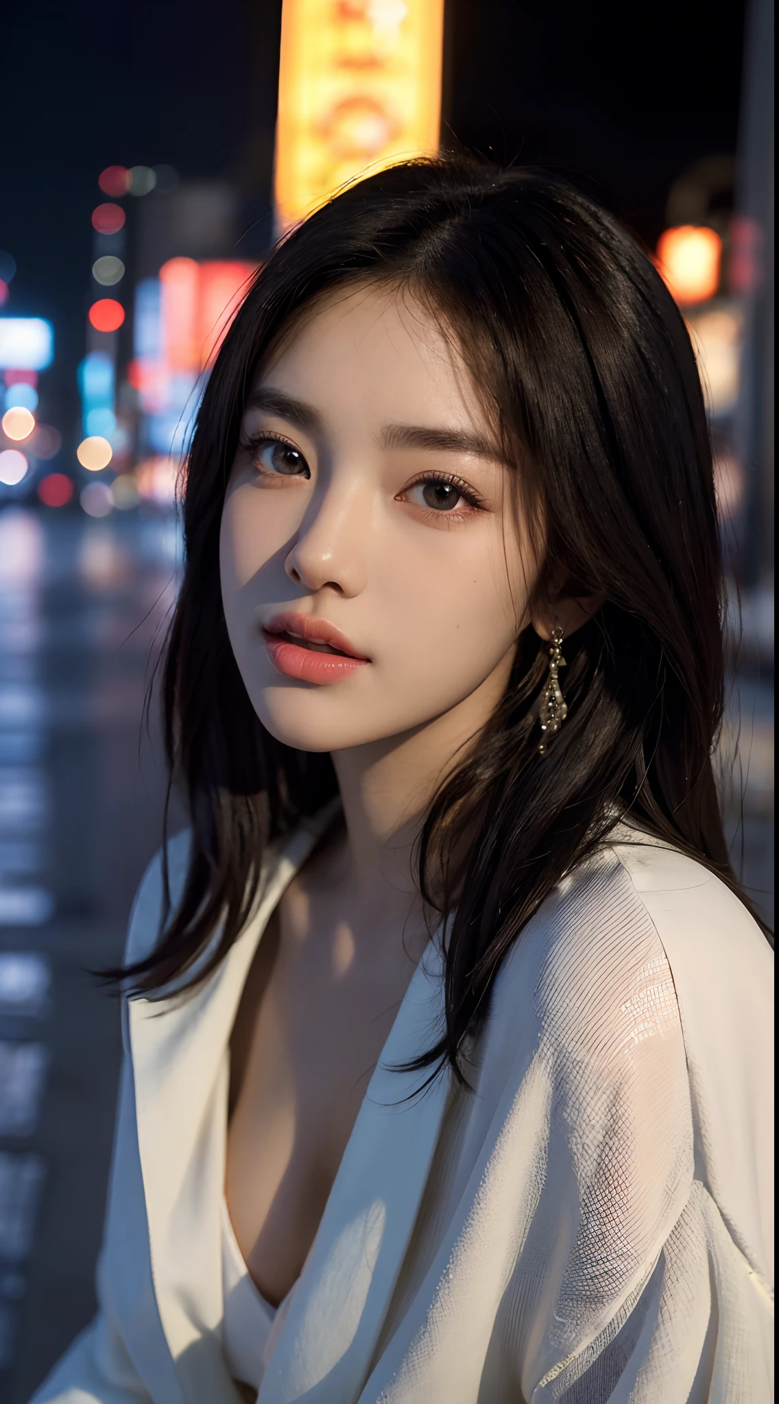 (Best quality,16k,A high resolution,Masterpiece:1.2),Ultra-detailed,(Realistic,Photorealistic,photo-realistic:1.37),Korean fashion beauty,Japanese and Korean beauties,cute and innocent,Detailed eyes and face,beautiful detailed lips,White teeth,Long eyelashes,slimification,fashionable in dressing,Plump upper circumference,Large breasts,(Lovely,Charming:1.1),Colorful street background,Stylish clothes and accessories,Portrait style photography,Vivid colors,Street lights.