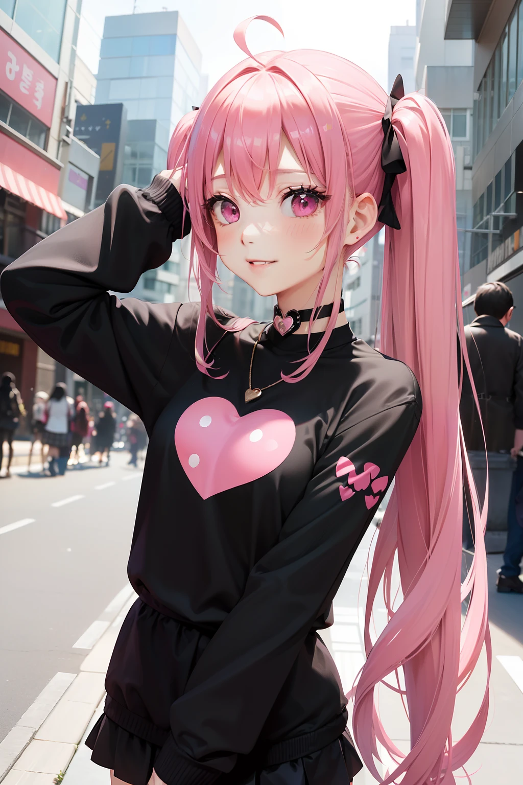 full body Esbian, masutepiece: 1.2, Highest Quality), (Live-action, elaborate details), (1 Lady, Solo, Upper body,) Clothing: Edgy, Black long jumper, pink miniskirt, long hair with pink twin tails,,,,,,,,,,,,,,,,、Avant-garde, Experimental appearance: Long pink twin tail hair 、Heart-shaped choker、The location: bustling city、Solo, Nice smile、Value Creation in Mixed Media Art: individuality, authenticity, Creative expression