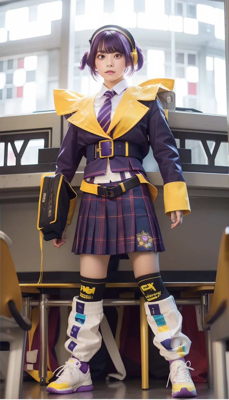Cyberpunk girl、large full breasts、beautiful foot、Colorful hair、、Good Style、Glossy purple uniform、School Uniforms mini Skirt、Loose white socks、Cute look、Yellow cardigan